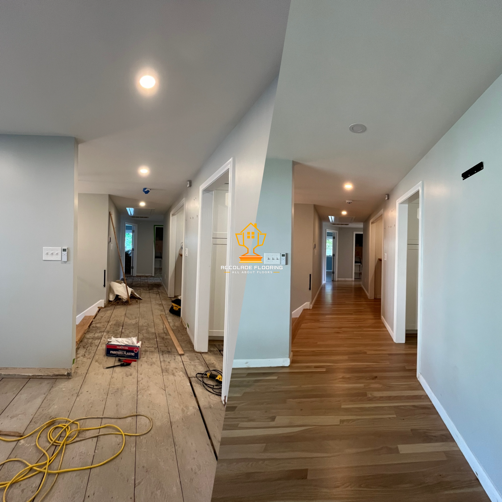 Comparison of a hallway floor before and after installation of new wood flooring, with construction tools and materials visible in the 'before' section.