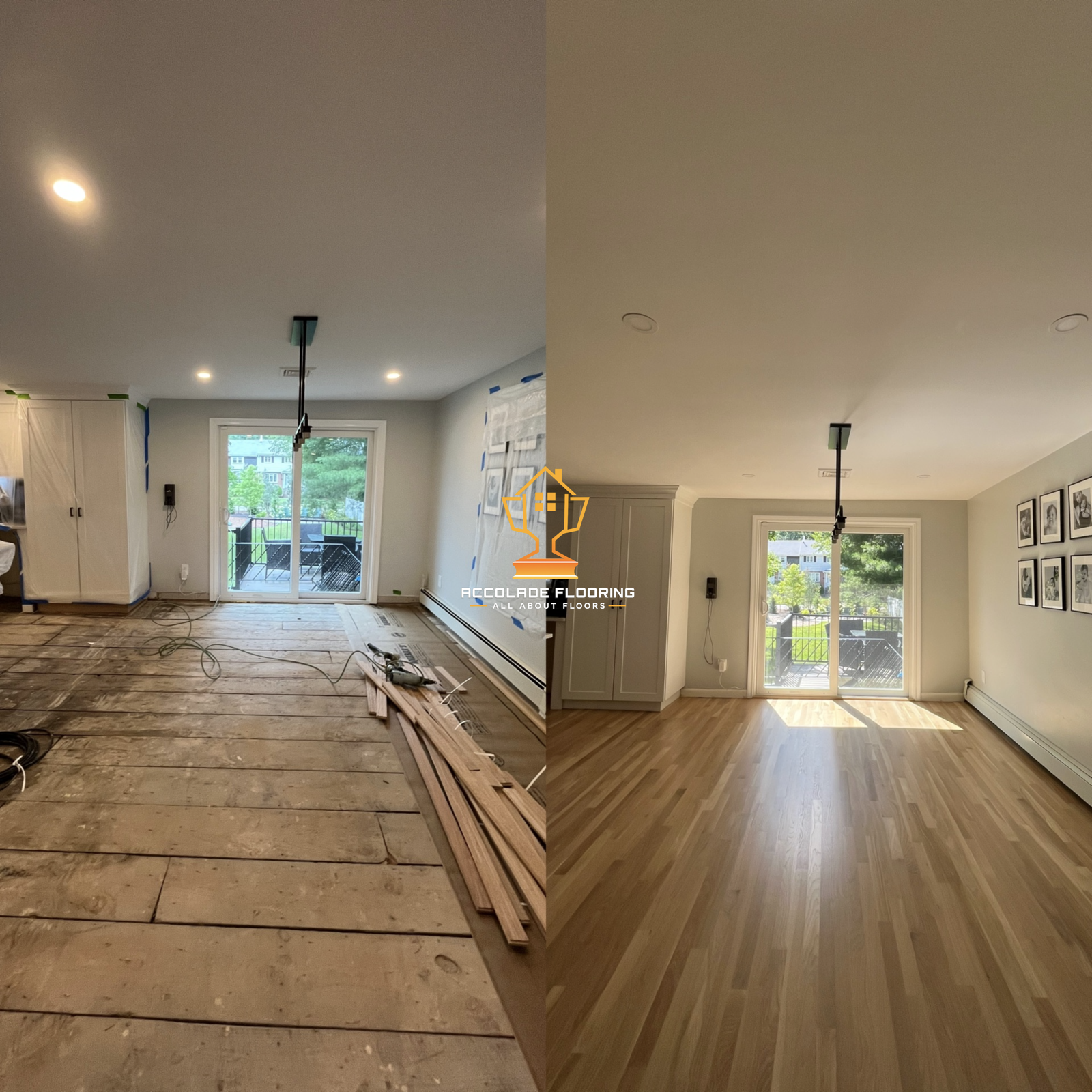 Comparison of a room before and after flooring installation. The left side shows a room under renovation with exposed subfloor, construction materials, and tools. The right side shows the same room with finished hardwood flooring, light-colored walls, and gallery wall art.