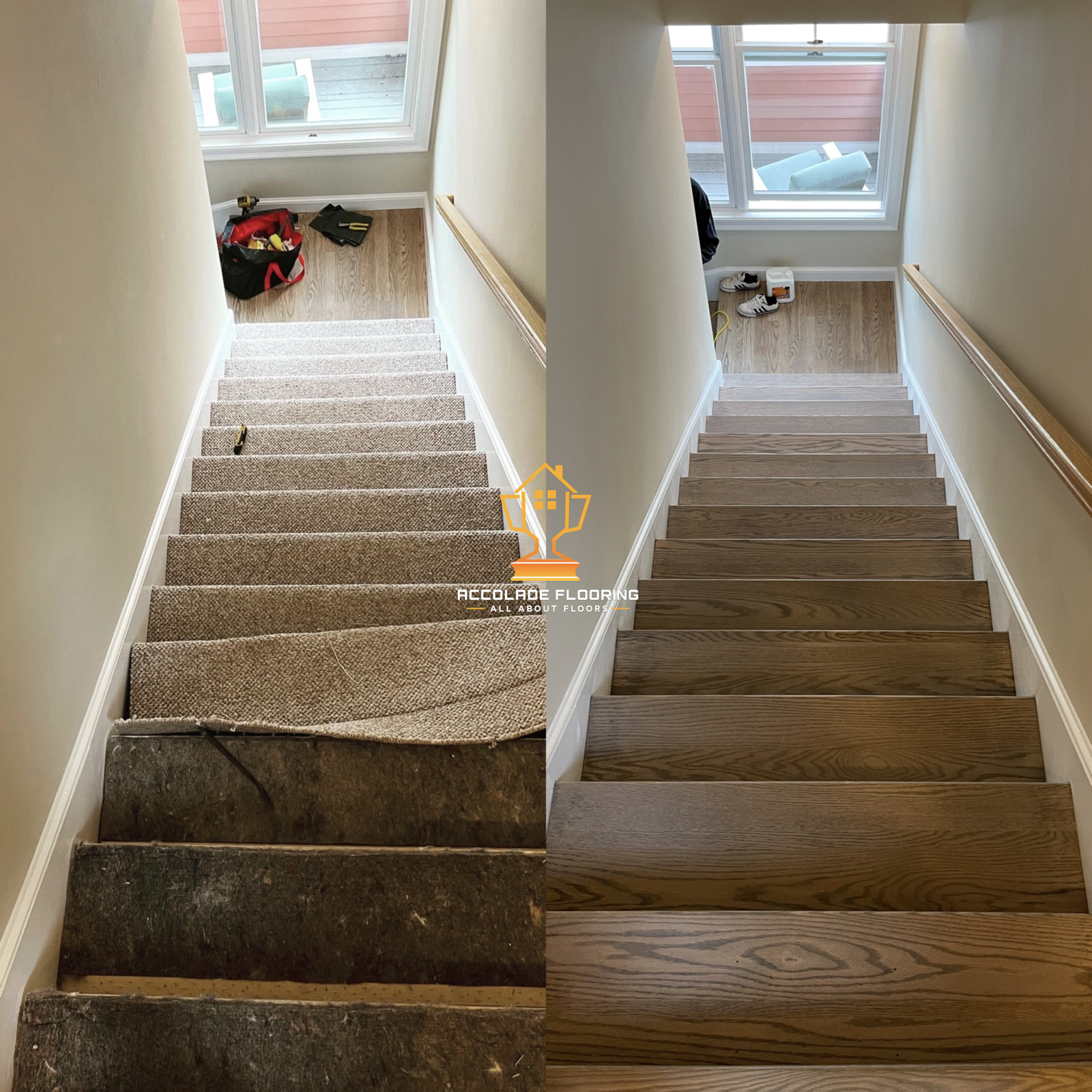 Side-by-side comparison of staircase renovation: the left side shows the staircase with old beige carpet, and the right side shows the staircase with new wooden steps.