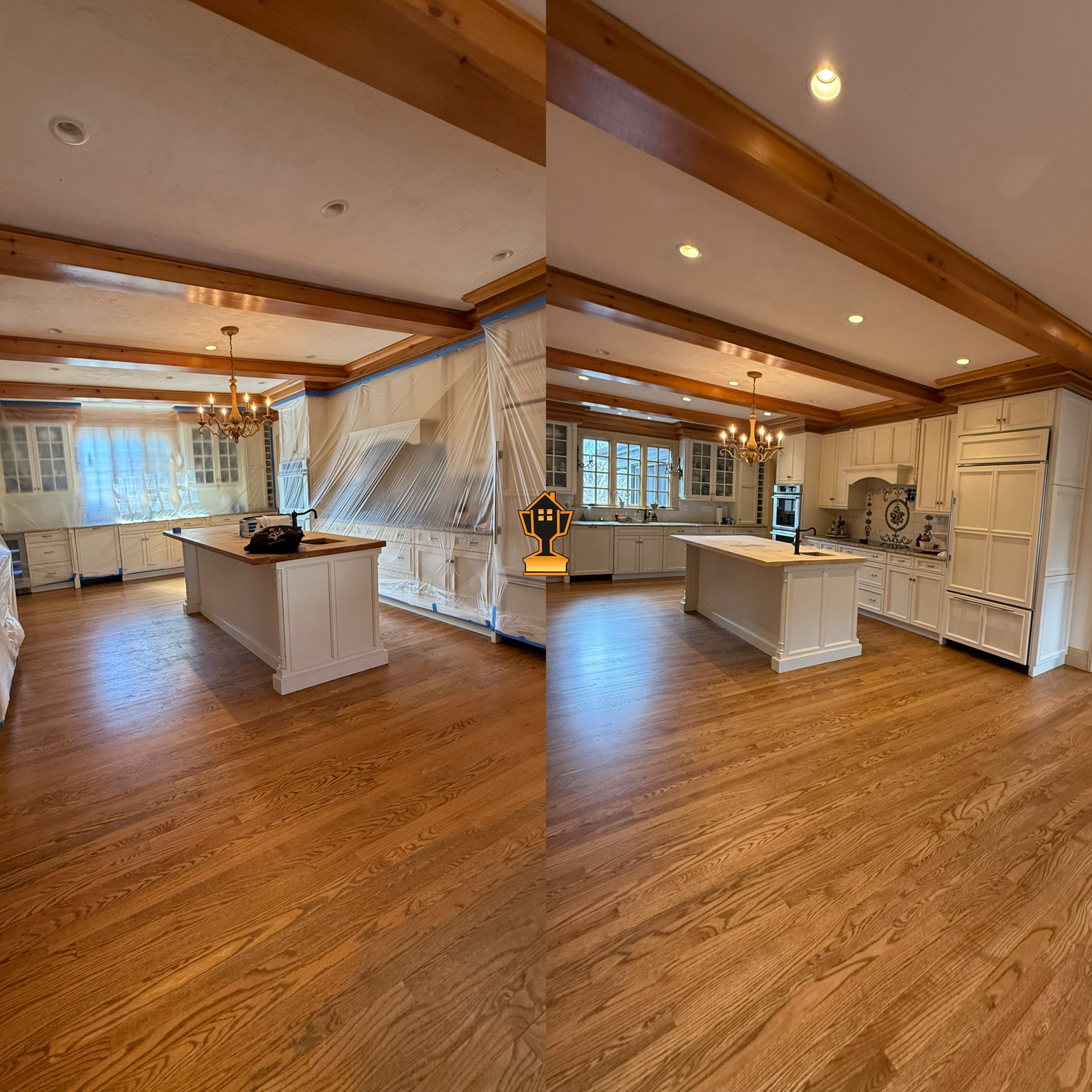 A kitchen with a tray ceiling featuring wooden beams and recessed lighting, white cabinets, a kitchen island, hardwood floors, and a chandelier.
