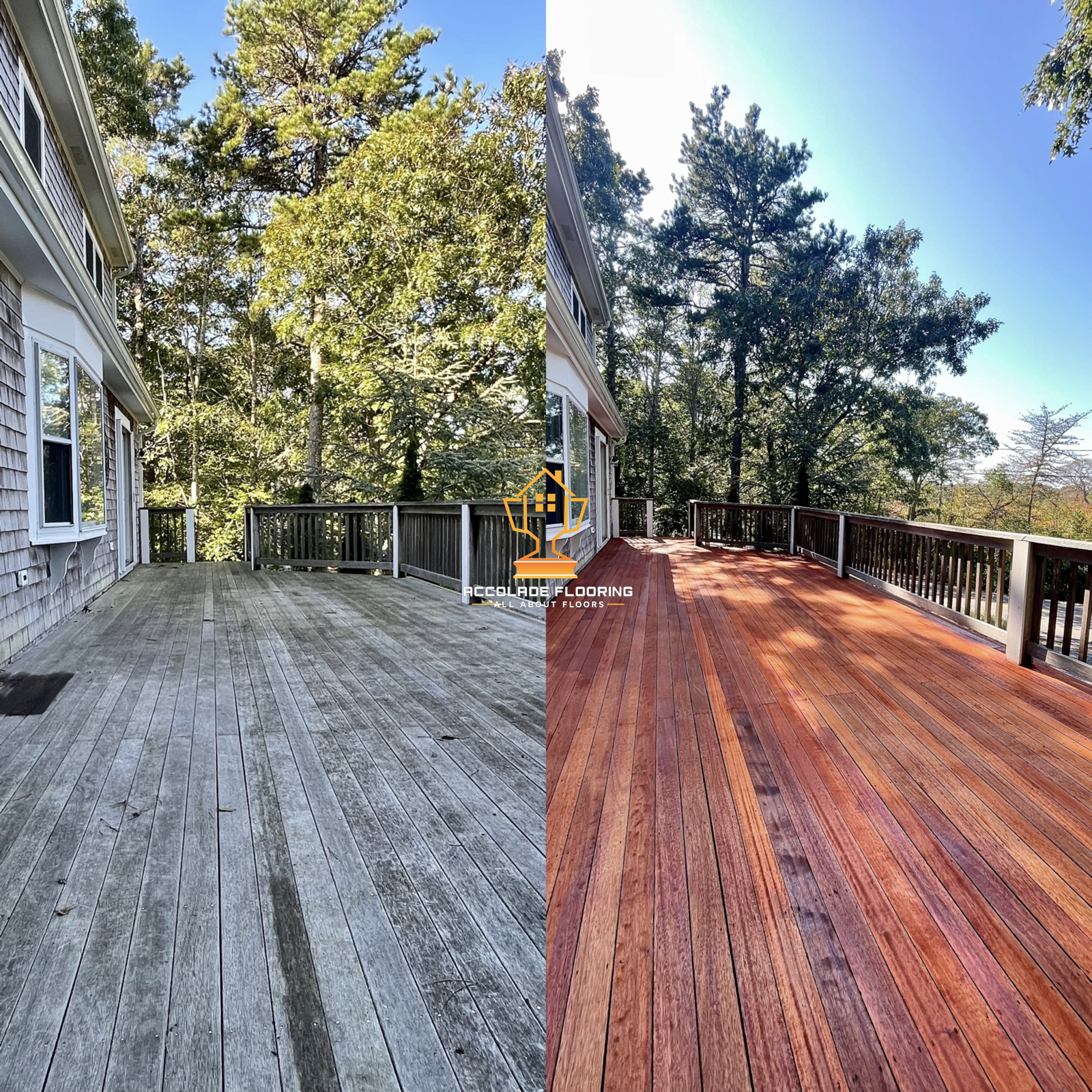 A side-by-side comparison of a wooden deck before and after staining or finishing. The left side shows a weathered, grayish deck, while the right side shows a richly colored, finished deck surrounded by trees.