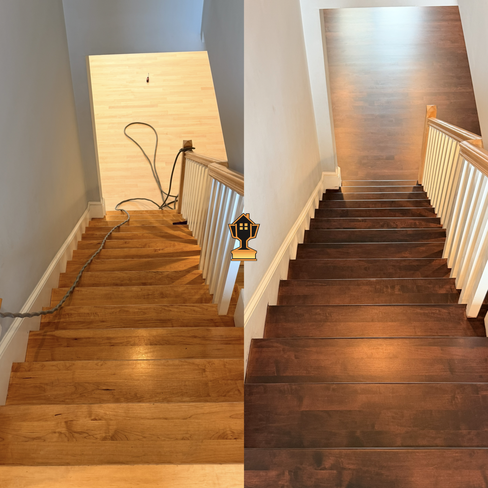 Comparison of two stairs, left with natural wood finish and electrical cord, right with darker stained wood