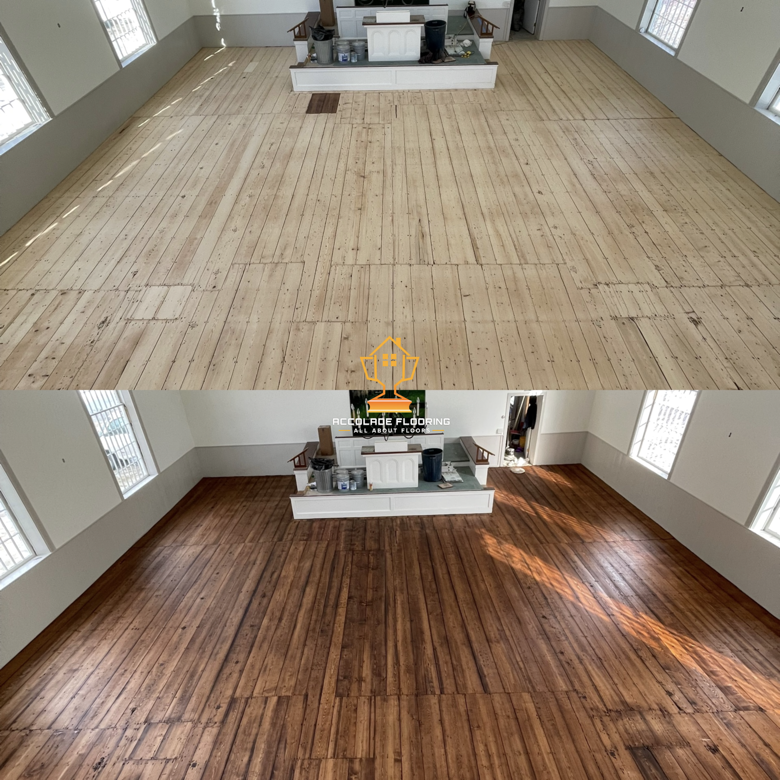 Comparison image showing a room with unfinished light-colored wooden flooring at the top and finished darker wooden flooring at the bottom.