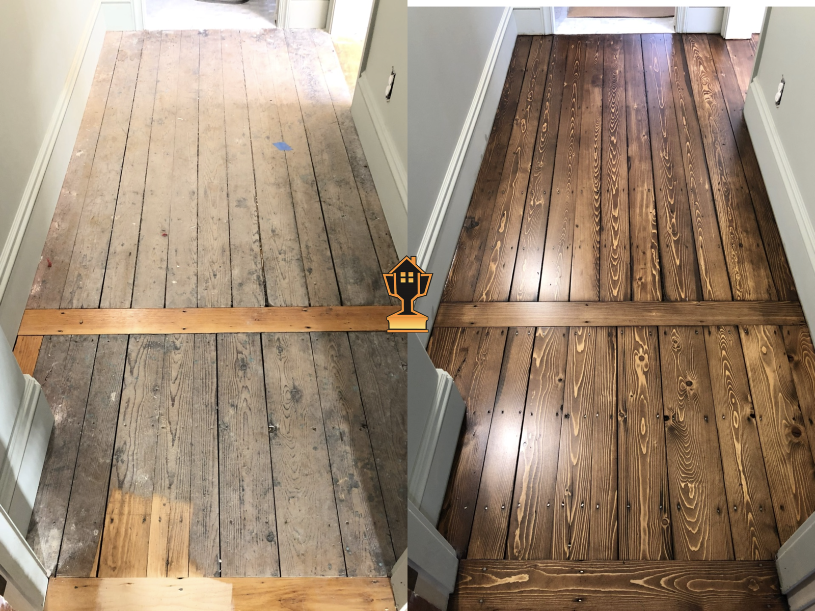 Comparison of a wooden floor before and after refinishing, showing the floor on the left in a worn and weathered state and the floor on the right after being sanded and stained, with a rich, dark finish.
