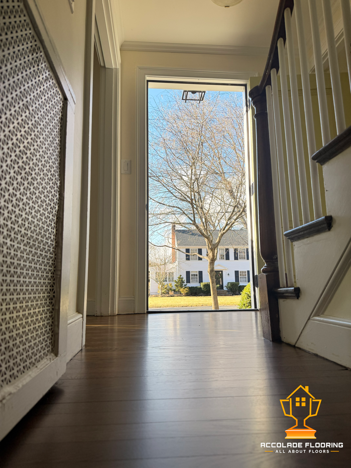 View from inside a house looking out an open front door at a large, leafless tree and a white house across the street, with clear blue sky. The interior has light brown wood flooring, white walls, and a staircase with white balusters and a dark woode