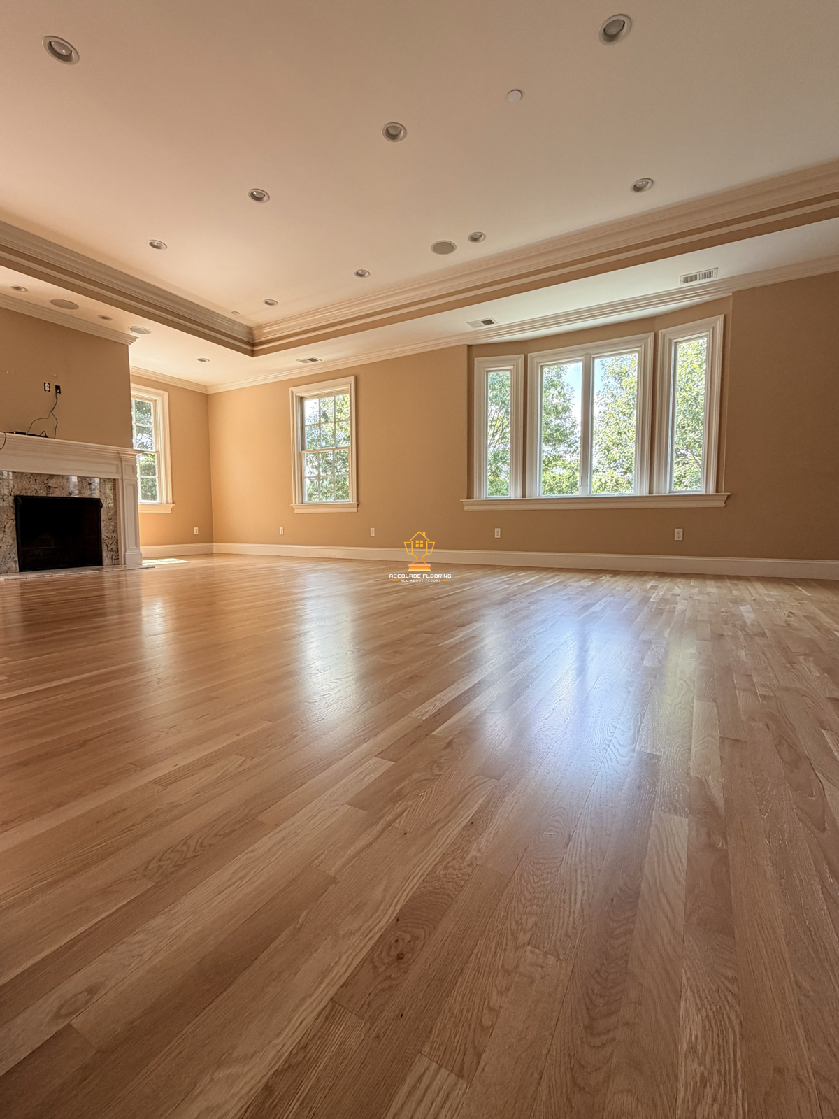 Empty living room with hardwood floors, beige walls, a white fireplace with marble surround, and several windows letting in natural light.