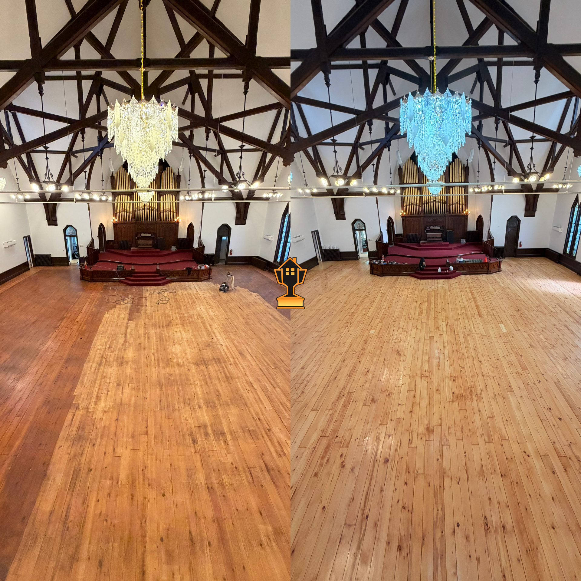 Inside a church or concert hall, with a high wooden ceiling featuring dark beams, three large chandeliers with intricate crystal designs, and red-carpeted steps leading to a stage with organ pipes, set up for an event.