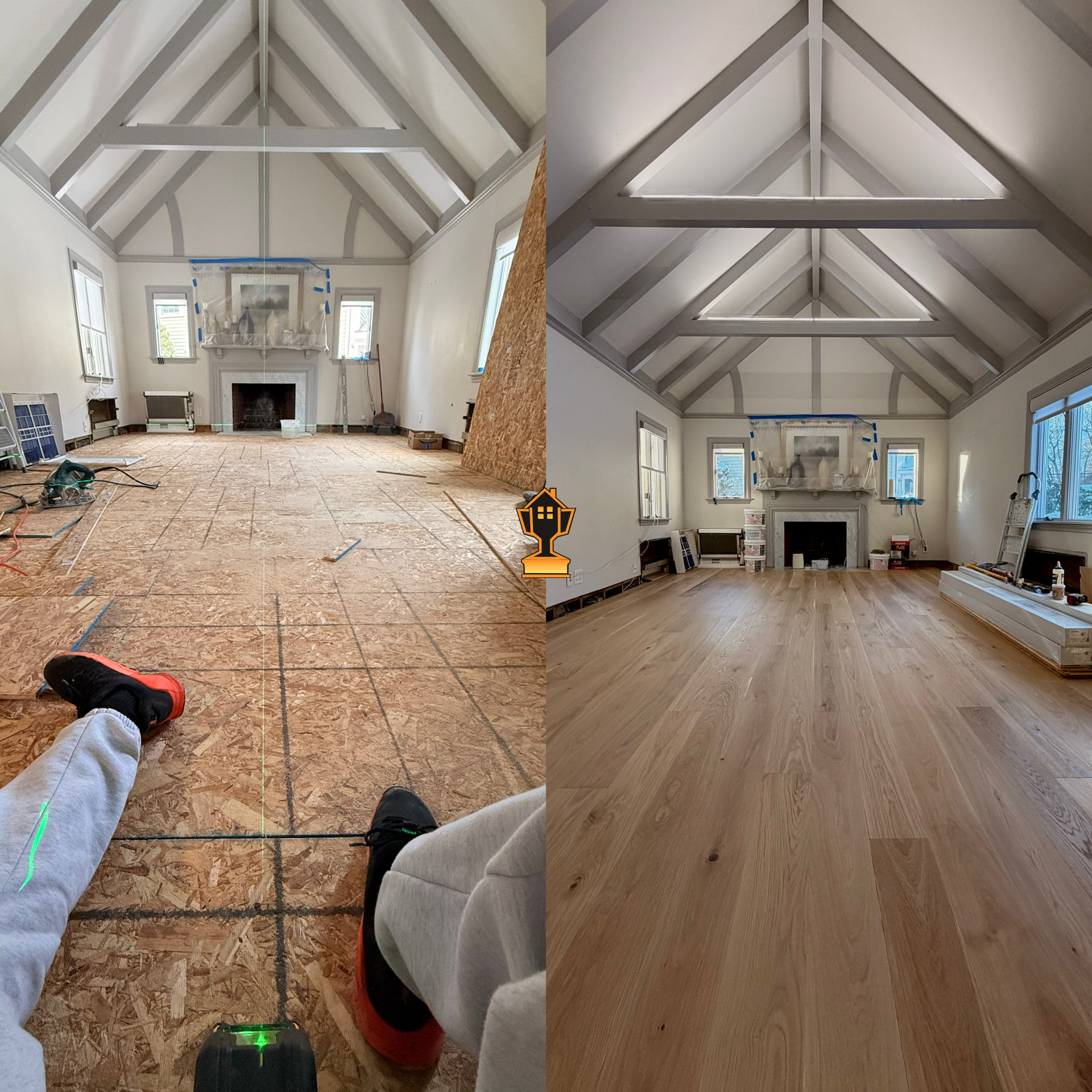 Comparison of a room undergoing renovation, with the left side showing unfinished flooring and the right side showing completed hardwood flooring.