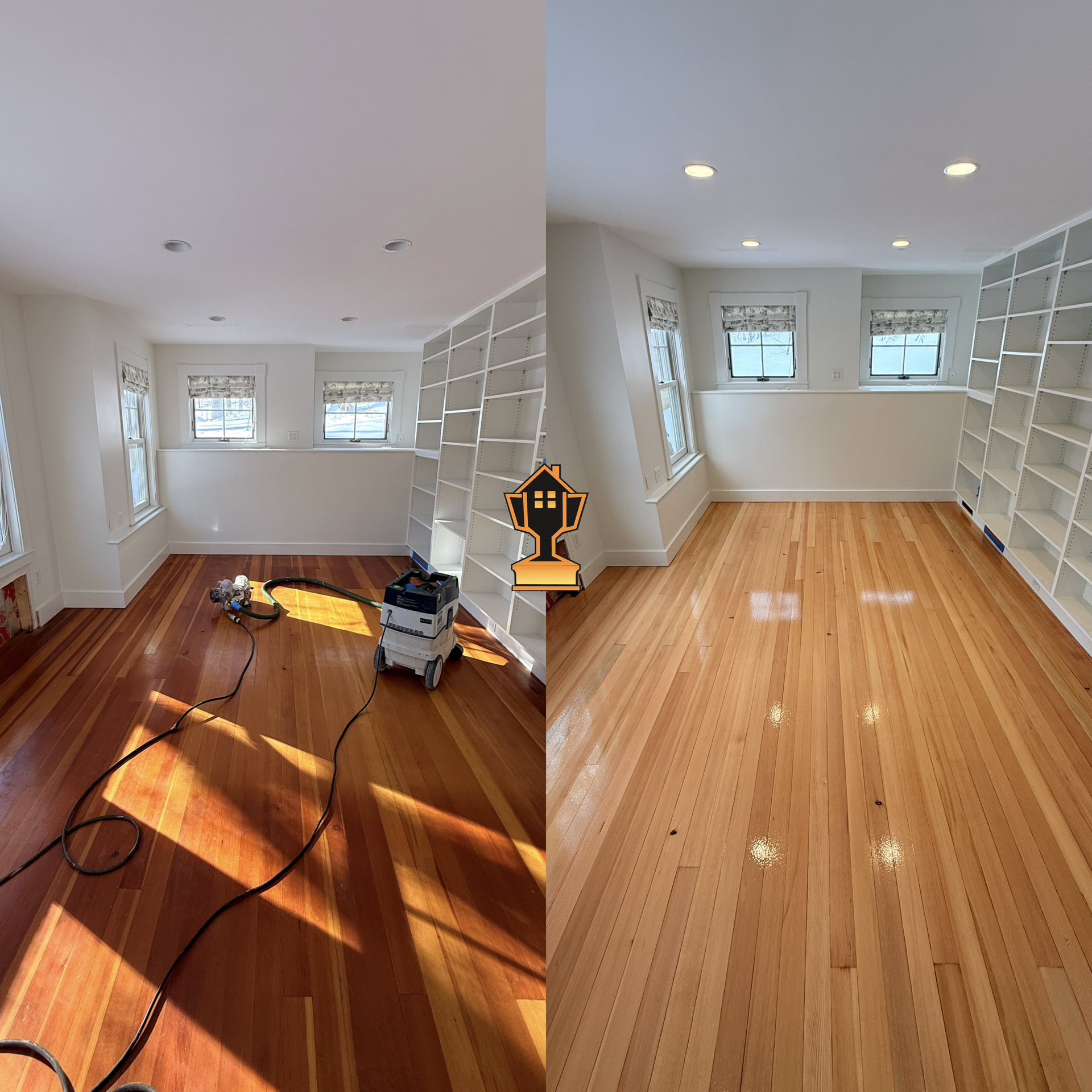 Before and after images showing a room renovation; left side shows a room with construction tools, unfinished ceiling, and damaged wooden floor, right side shows the same room after renovation with a smooth ceiling and polished wooden floor.