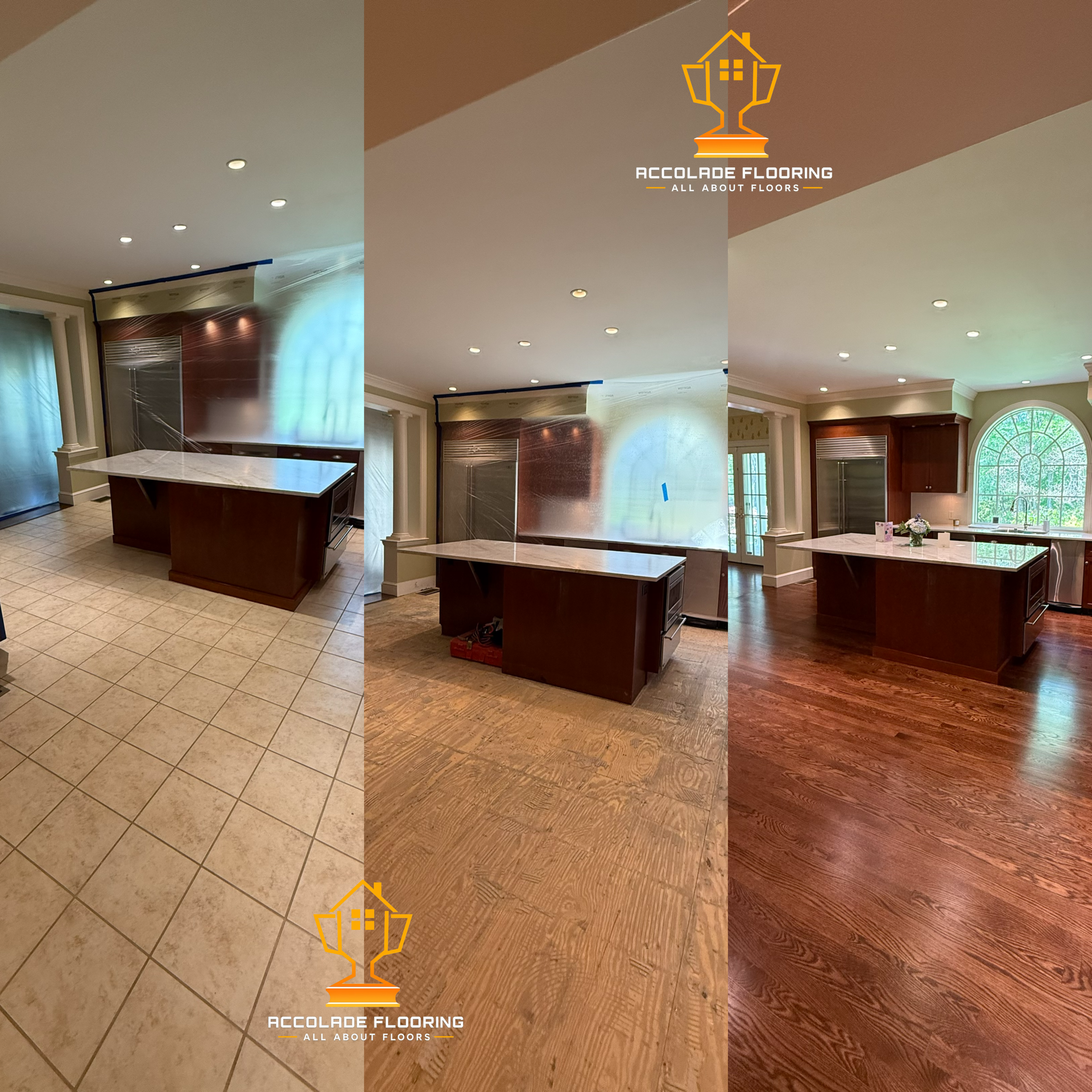 Comparison of two interior flooring styles in a kitchen, with one side showing light-colored tiles and the other displaying dark hardwood flooring, with an 'Accolade Flooring' logo overlaid.