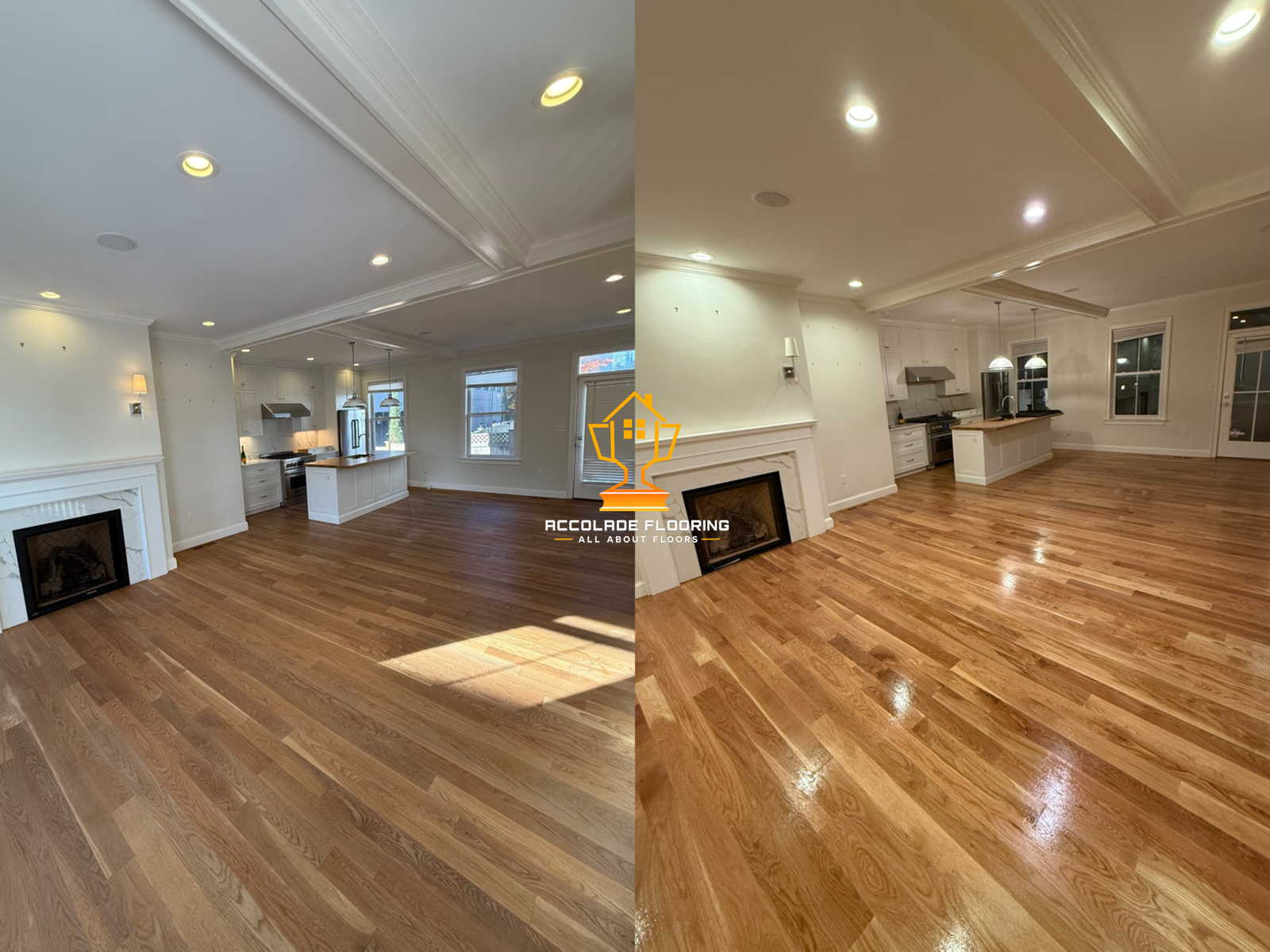 Split view of an empty living room with wooden floors, white walls, a fireplace, and large windows, showcasing a before and after of flooring installation.