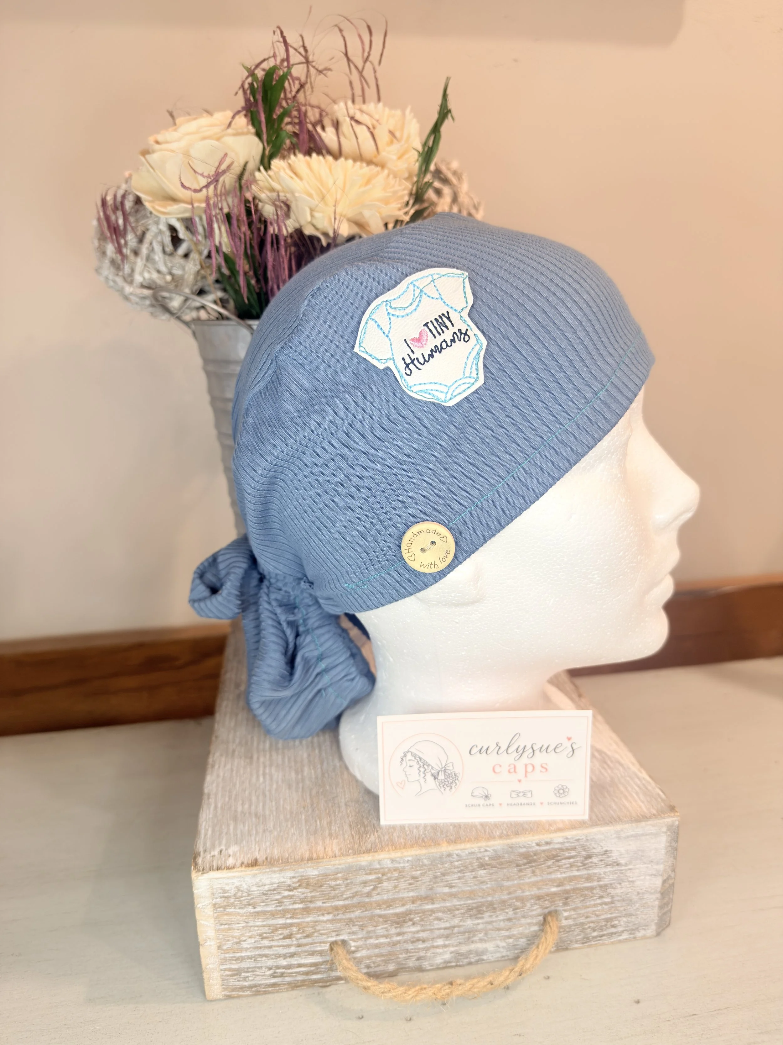 Blue "I heart Tiny Humans" scrub cap