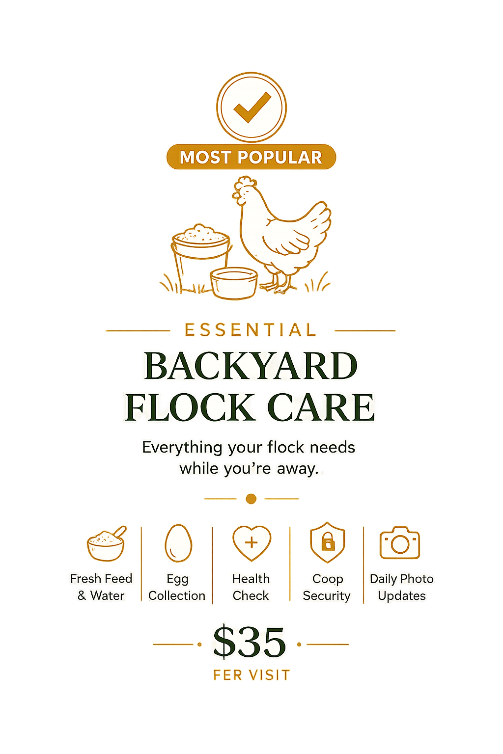 A promotional image for backyard flock care with a hen and supplies, featuring information about services included for $35, such as fresh feed and water, egg collection, health check, coop security, and daily photo updates.