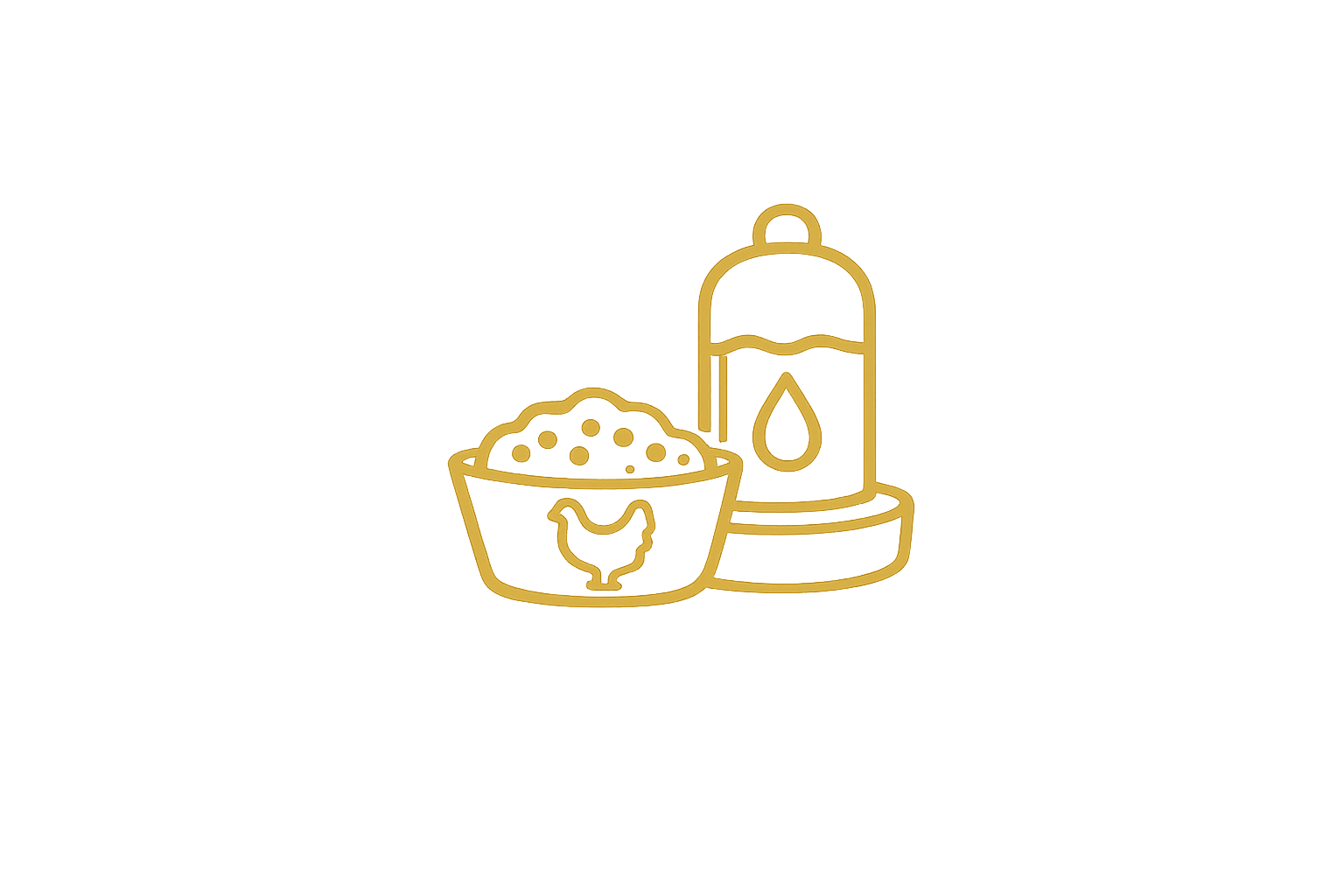 Golden outline of a bowl with a chicken silhouette on it, and a bottle with a droplet symbol, set on a circular base.