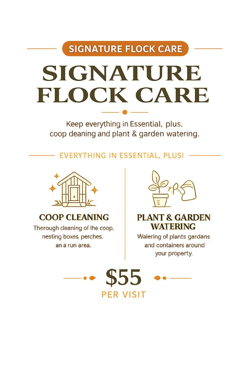 A promotional poster for Signature Flock Care, offering coop cleaning and plant & garden watering services for $55 per visit.