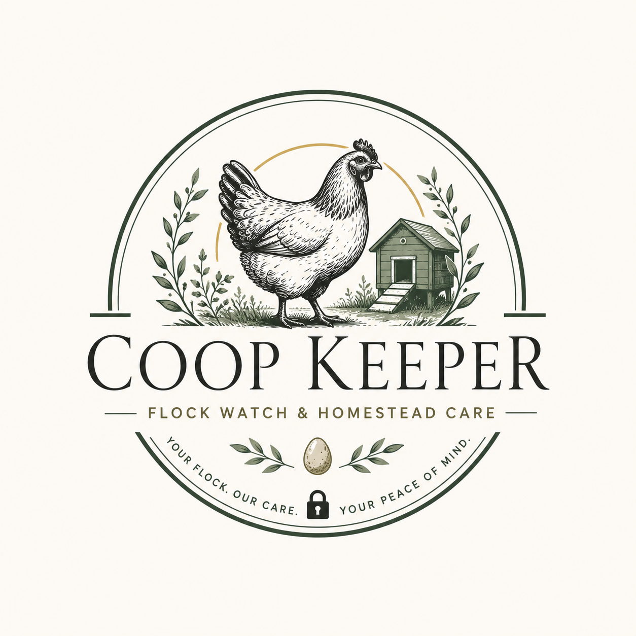A logo featuring a chicken standing in front of a chicken coop, with decorative foliage, a hen egg, and text that reads 'Coop Keeper' with subtitle 'Flock Watch & Homestead Care.'