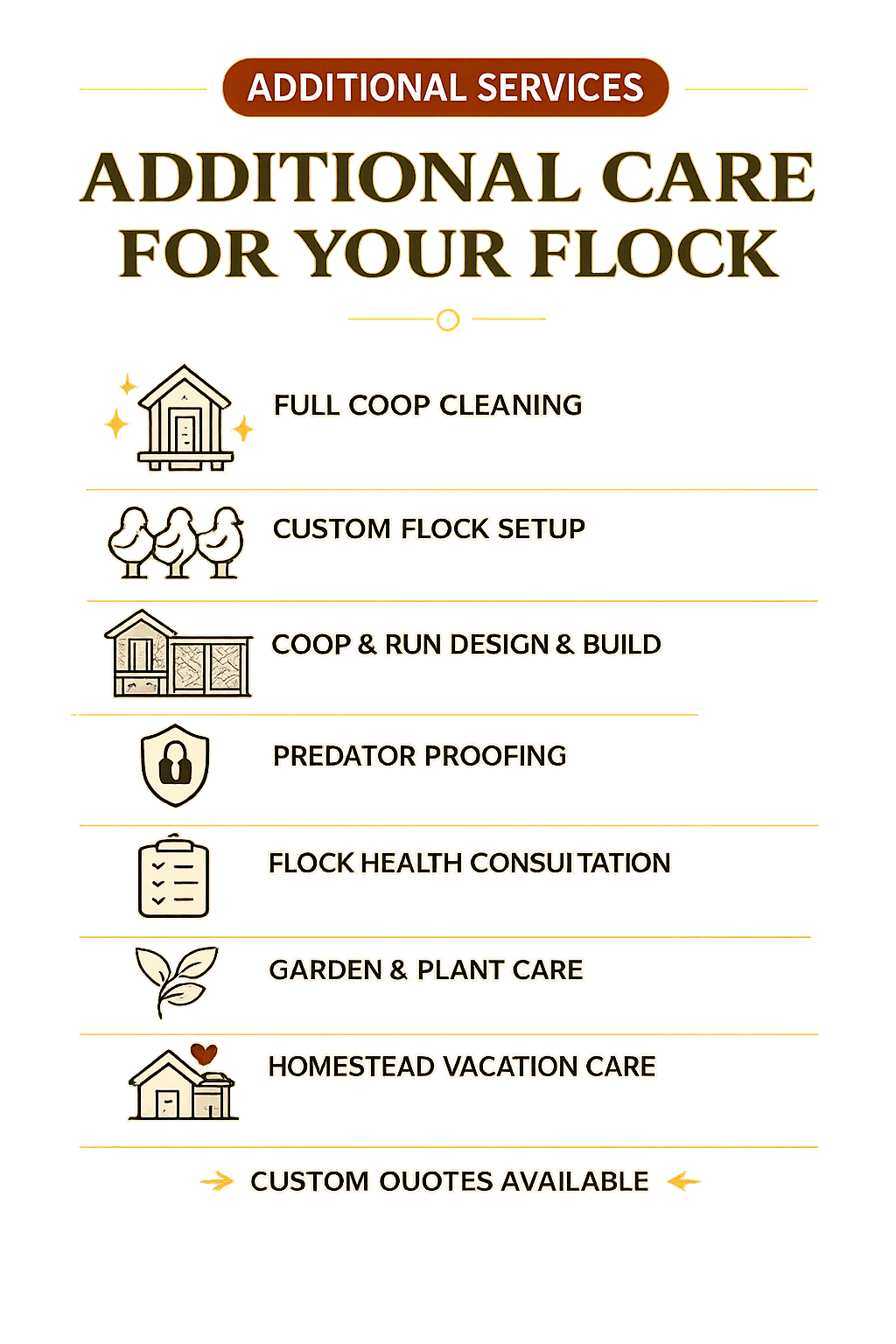 A promotional flyer for additional services related to flock management, including full coop cleaning, custom flock setup, coop and run design and build, predator proofing, flock health consultation, garden and plant care, and homestead vacation care, with icons for each service.