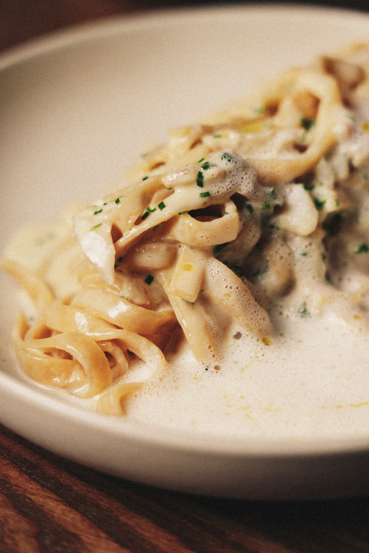 Close-up of creamy pasta with alfredo sauce, garnished with chopped parsley in a white bowl. Served at Vera Restaurant Glasgow Southside 138 Nithsdale Road.