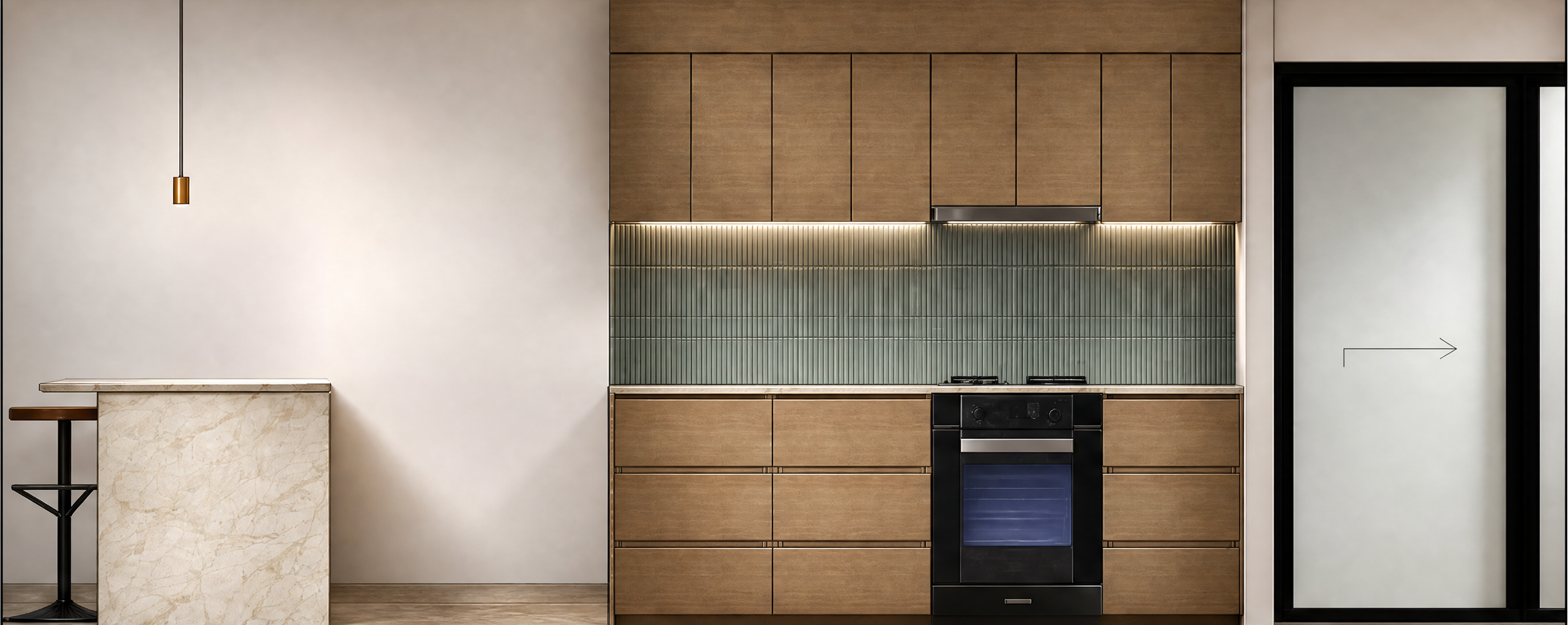 Modern kitchen with wooden cabinets, a black oven, green tile backsplash, and a frosted glass sliding door