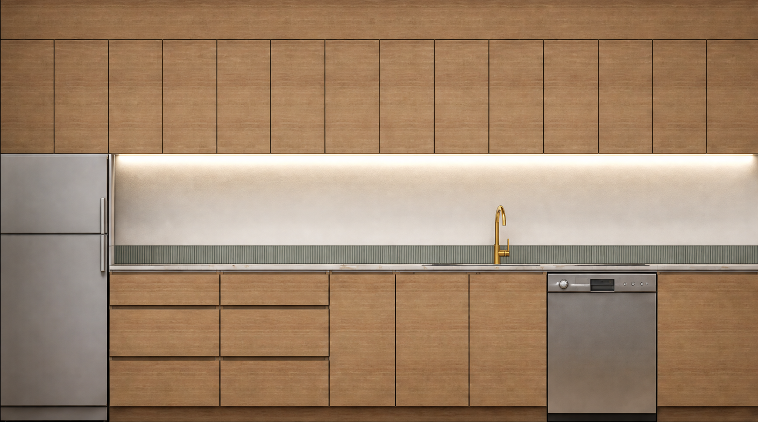 Modern kitchen with wooden cabinets, a stainless steel refrigerator, a white countertop with a green tiled backsplash, and a gold faucet.