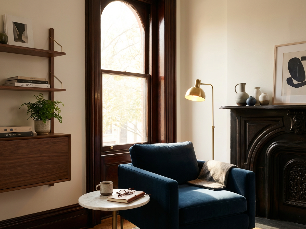 Cozy reading nook with a blue armchair, round marble side table with mug, glasses, and book, near a large window, with a wall-mounted shelf, potted plant, and decorative vases on a fireplace mantel.