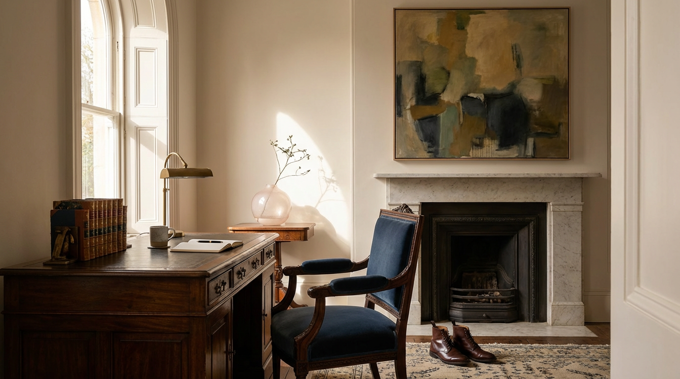 Cozy home office with wooden desk, blue upholstered chair, fireplace with marble surround, abstract painting above, lamp, books, vase with branches, and shoes on rug, illuminated by natural light from a window.