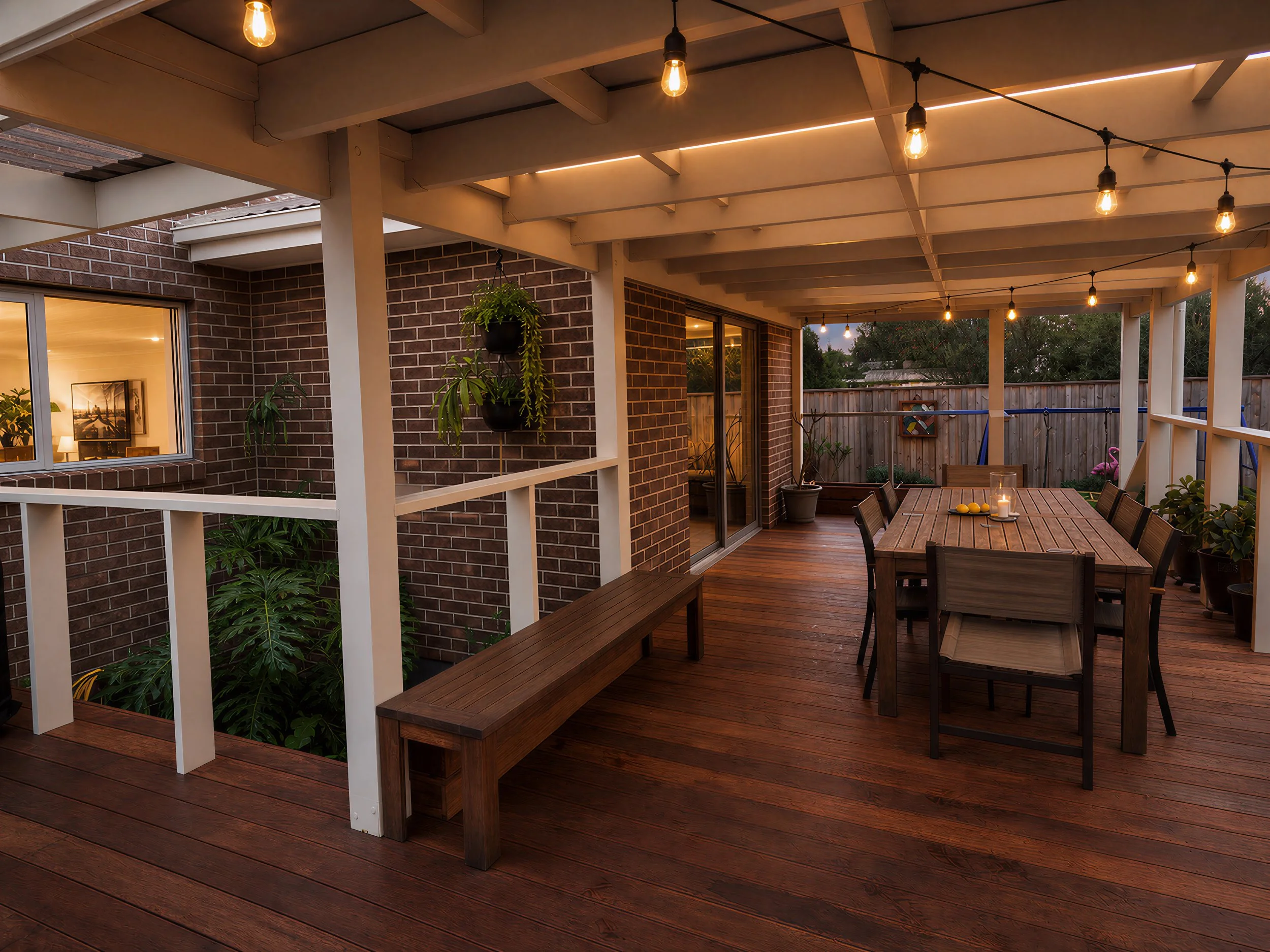 A covered backyard patio with hanging Edison bulb lights, a wooden dining table with chairs, greenery, and a view of a fence and trees in the evening.
