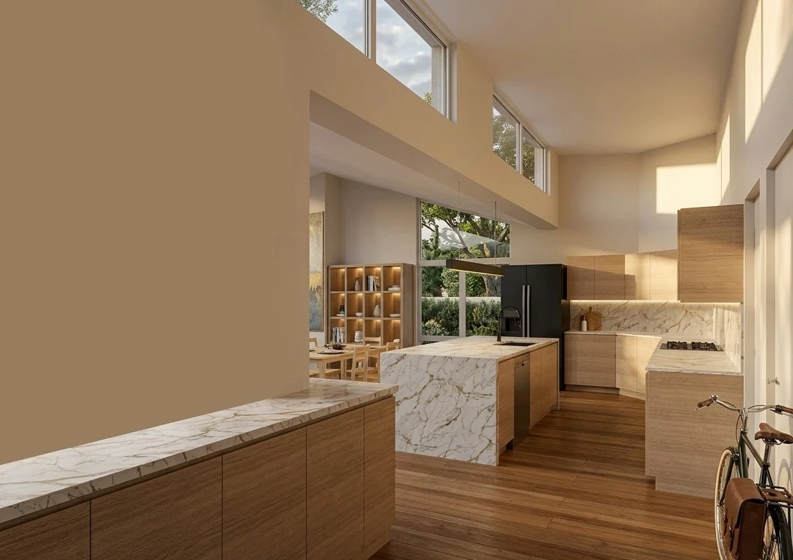 Modern kitchen with wooden cabinets, marble countertops, and large hanging windows, open to a dining area with a bookshelf and outdoor views.
