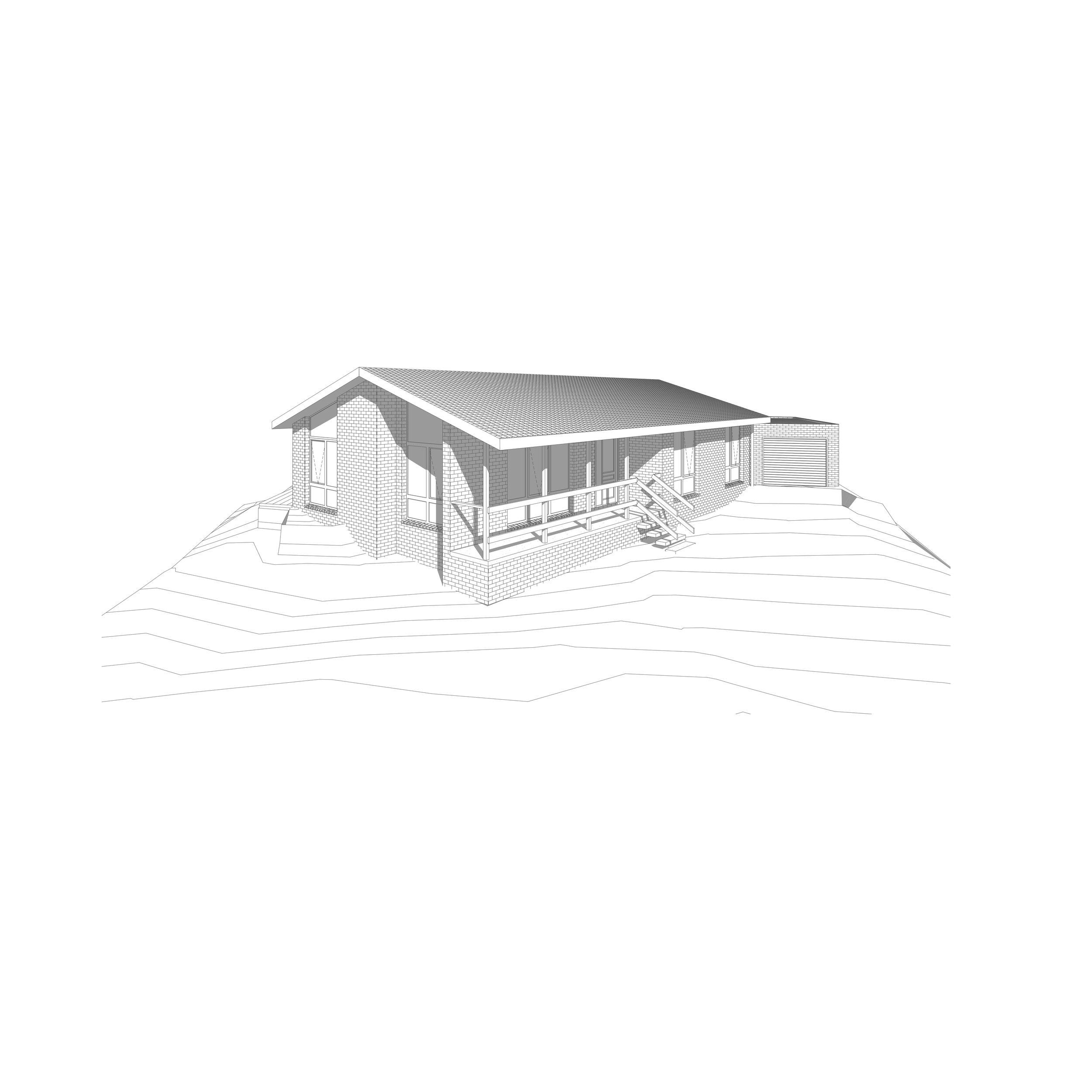 Digital architectural rendering of a modern single-story brick house with a gabled roof, front porch, and swing, set on a sloped landscape.