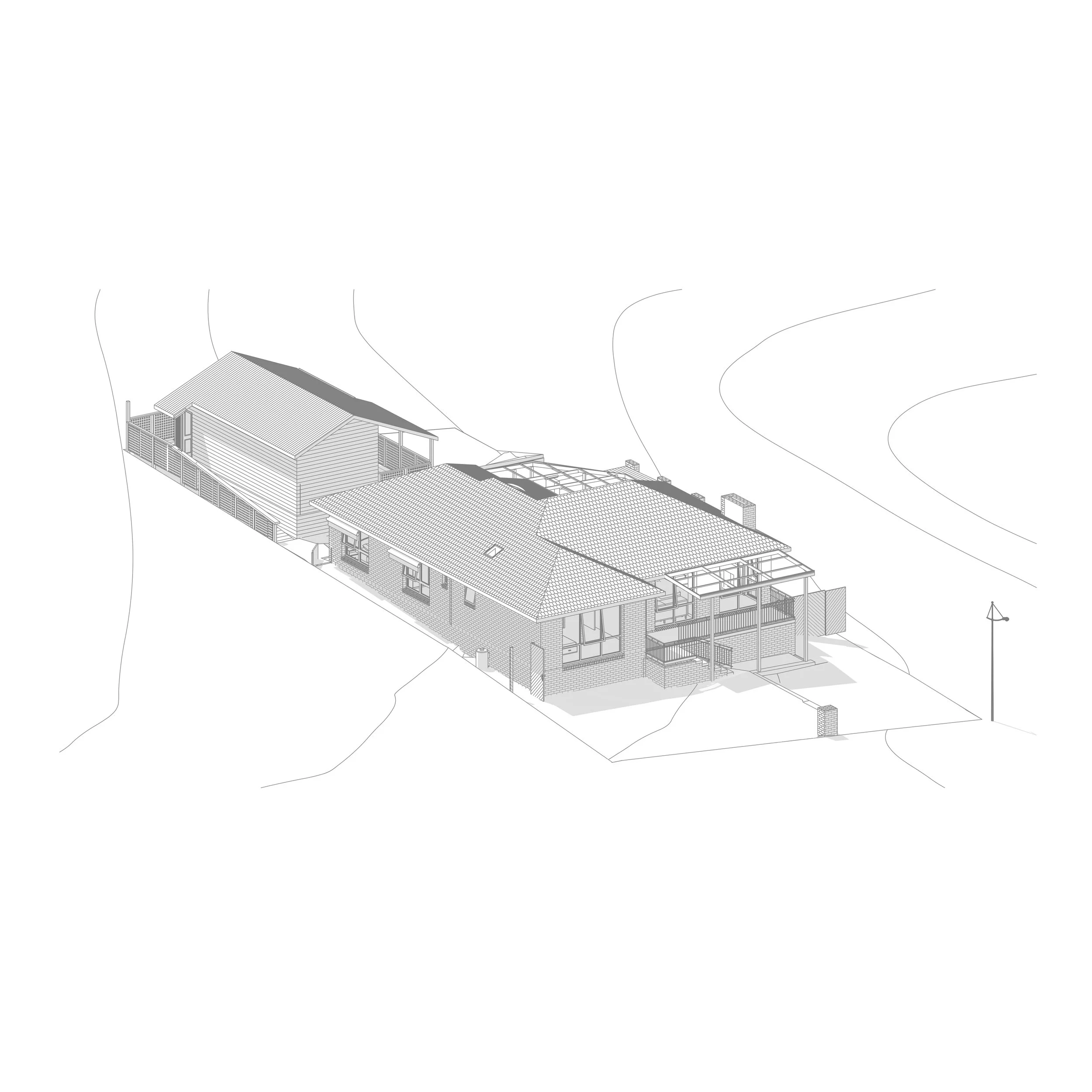 Detailed architectural blueprint of a house showing exterior walls, roof, windows, doors, and surrounding landscape contours.