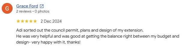 Screenshot of a Google review by Grace Ford about Adi, praising his help with council permit plans and design for an extension.