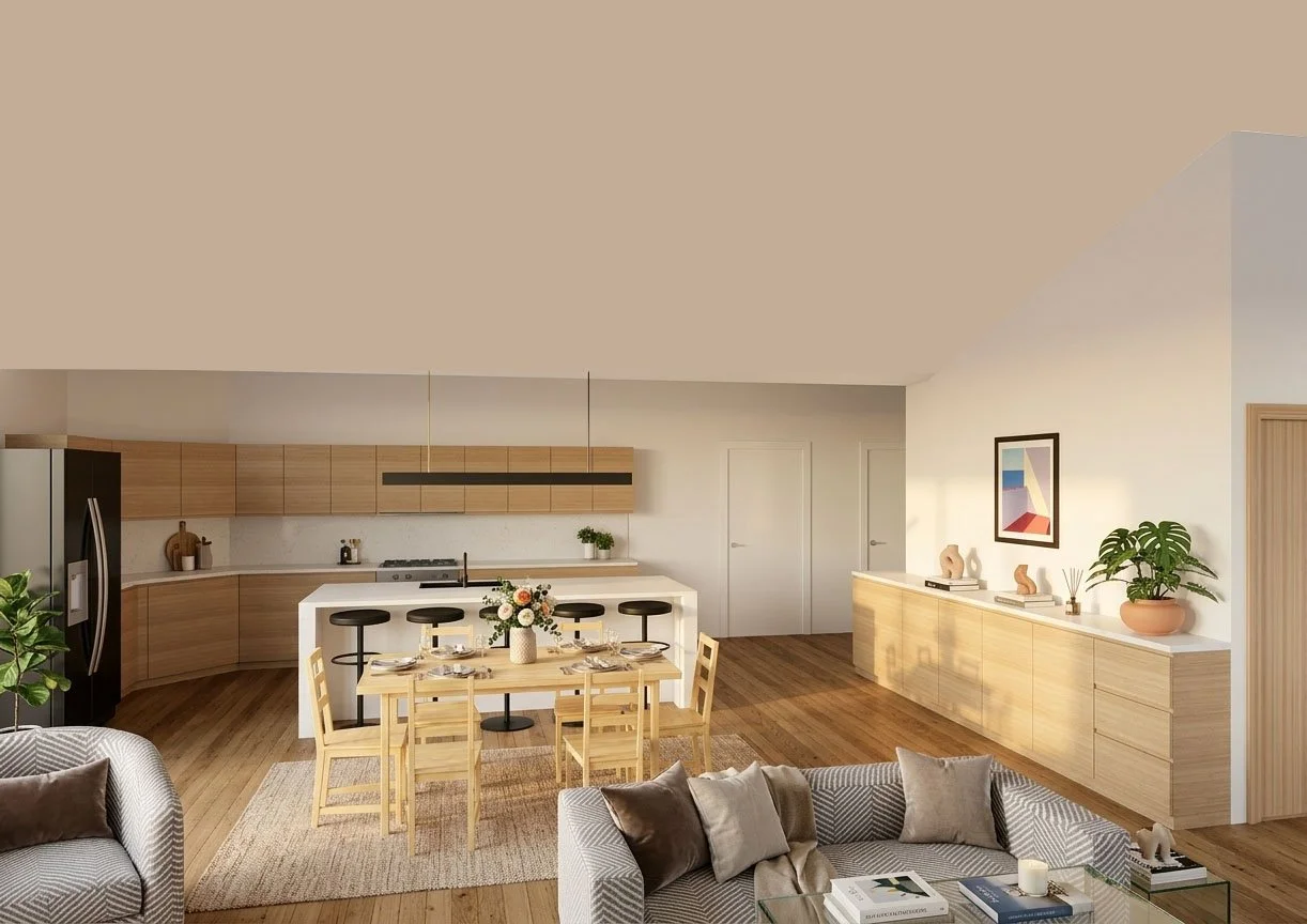 Floor plan of an open-concept kitchen and living room with wooden cabinetry, dining table, and cozy seating area.