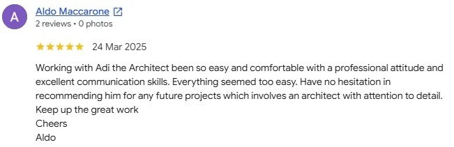 Screenshot of a 5-star review by Aldo Maccarone praising their experience working with architect Adi, highlighting professionalism, communication, and attention to detail.