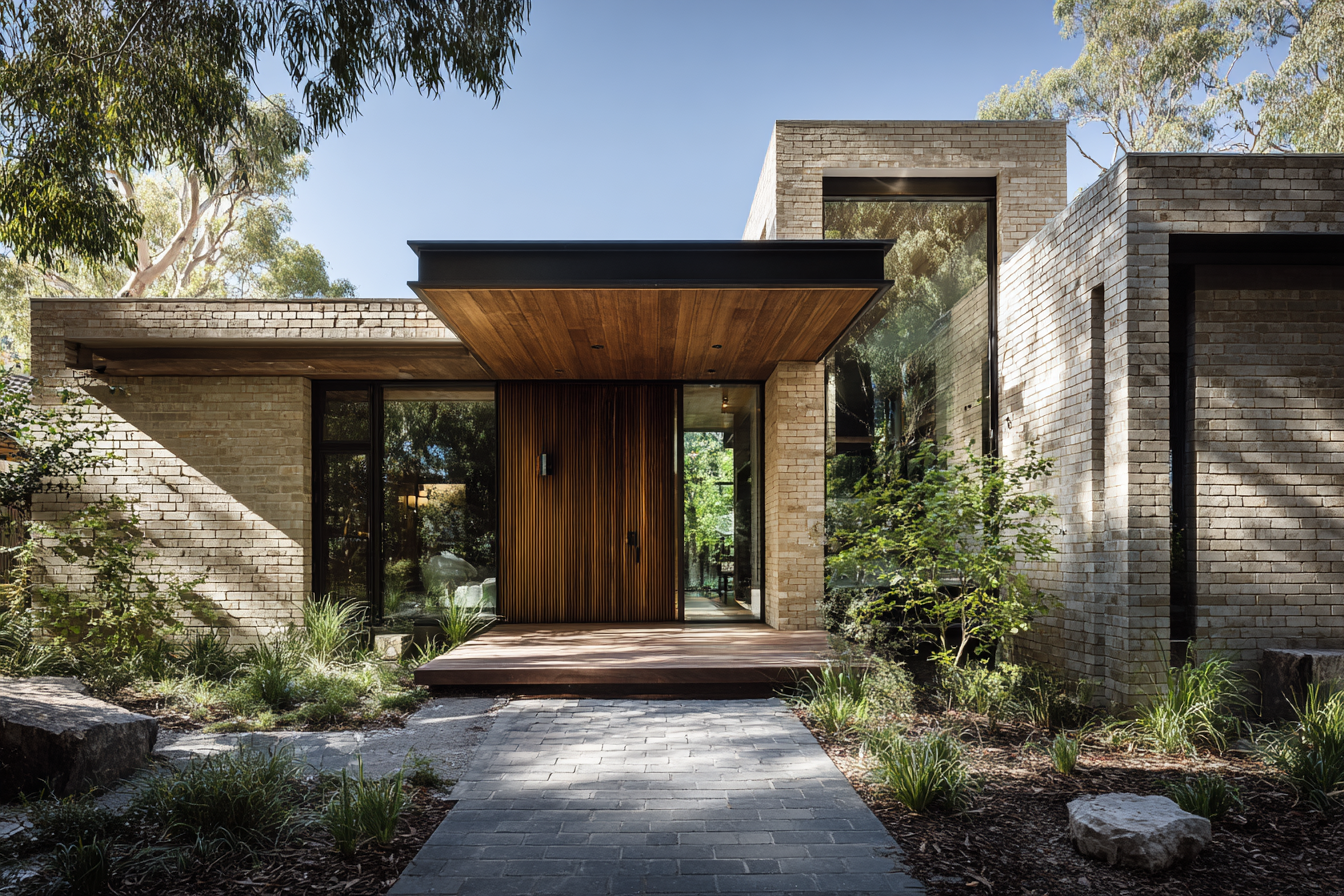 Modern house with a brick exterior, large glass windows, wooden accents, surrounded by greenery, and a stone pathway leading to the entrance.