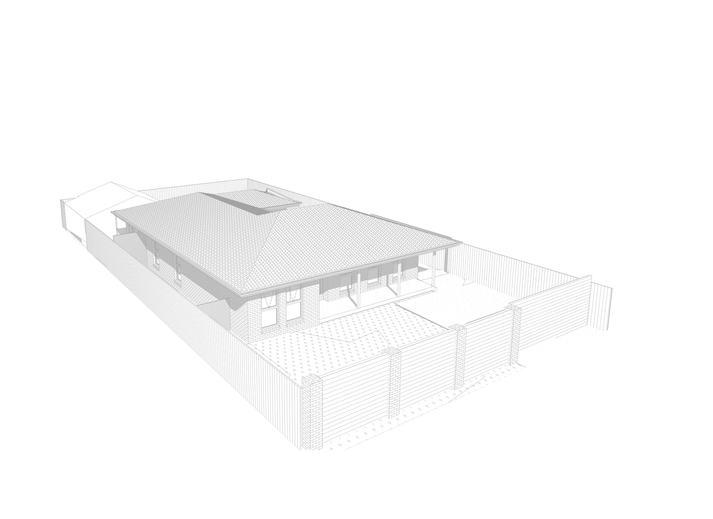A digital architectural rendering of a modern house with a tiled roof, large windows, and a surrounding fence.
