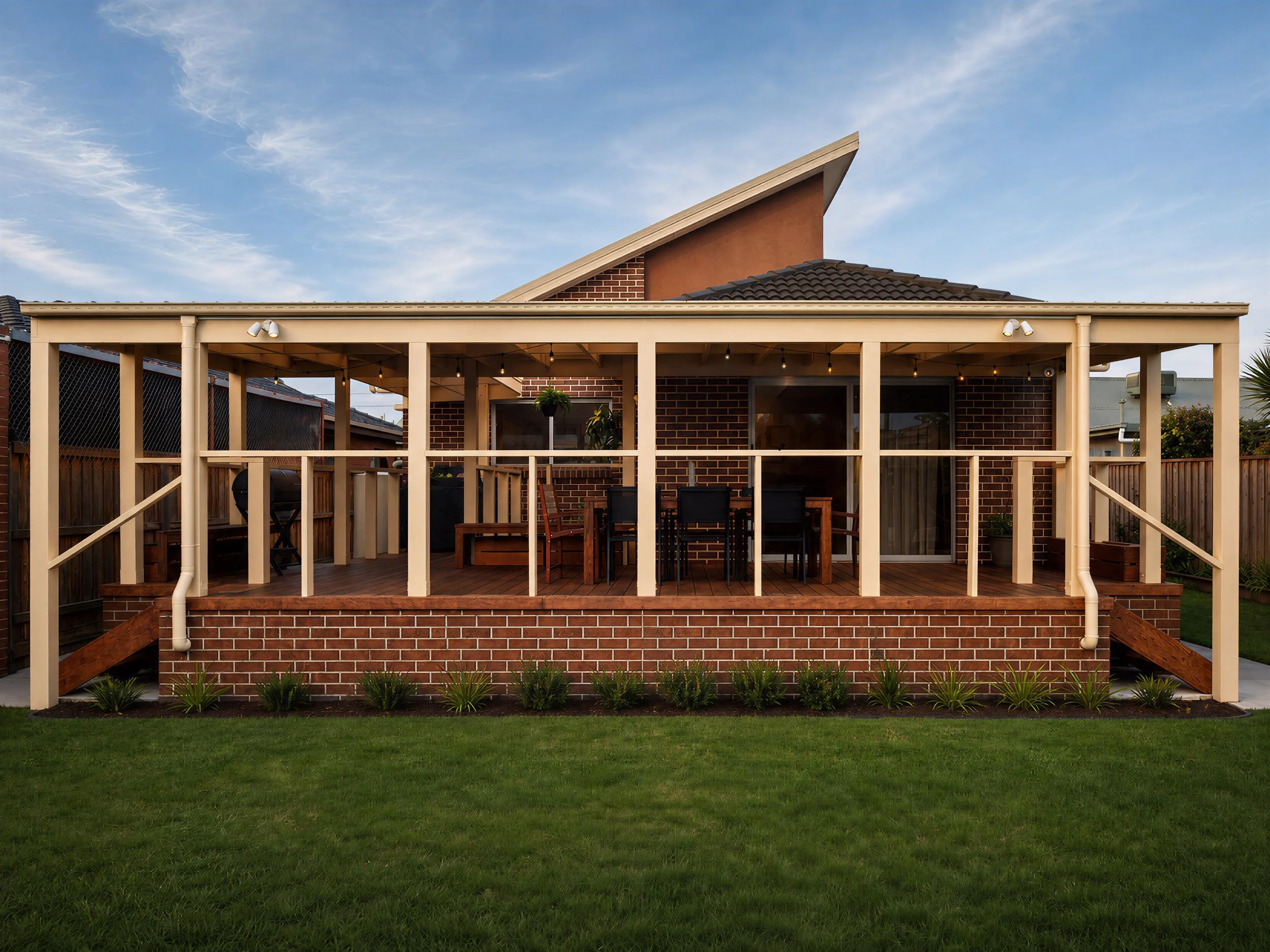 Backyard view of a brick house with a wood deck and patio furniture, fenced yard, and a grassy lawn in the foreground under a partly cloudy sky.