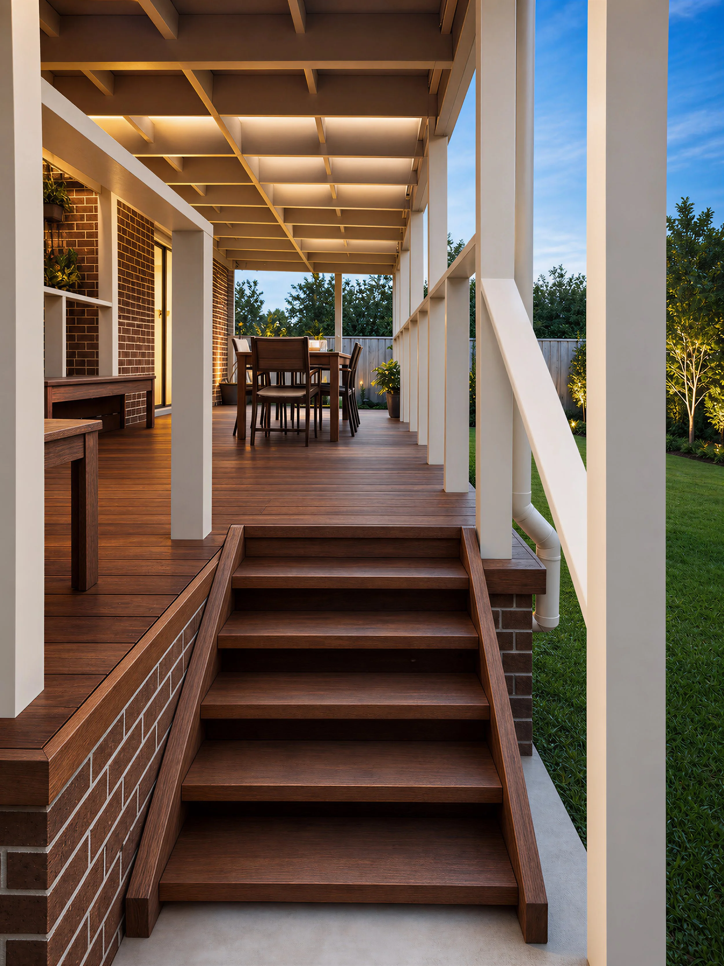 Wooden stairs leading up to a patio with a table and chairs, featuring a modern architectural design with white beams and brick wall, on a house with a backyard.