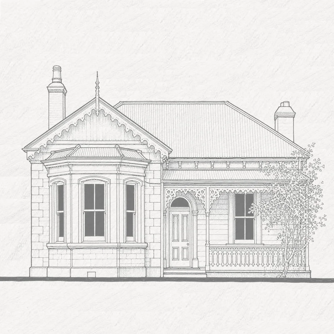 Outline drawing of a Victorian-style house with detailed trim, three large windows, a central door, and a porch with a railing, with a tree on the right side.