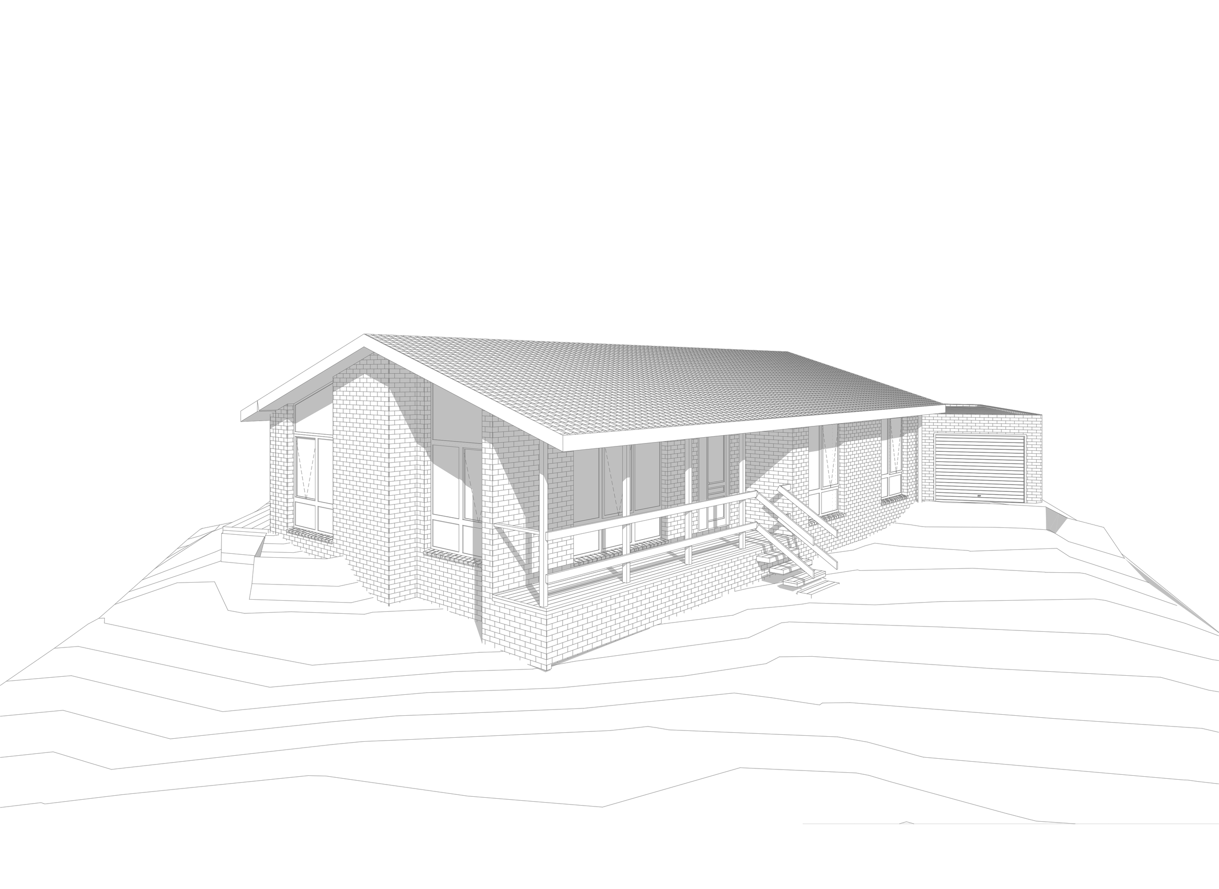 Line drawing of a modern house with a sloped roof, large windows, and a garage, set on a slightly hilly terrain.
