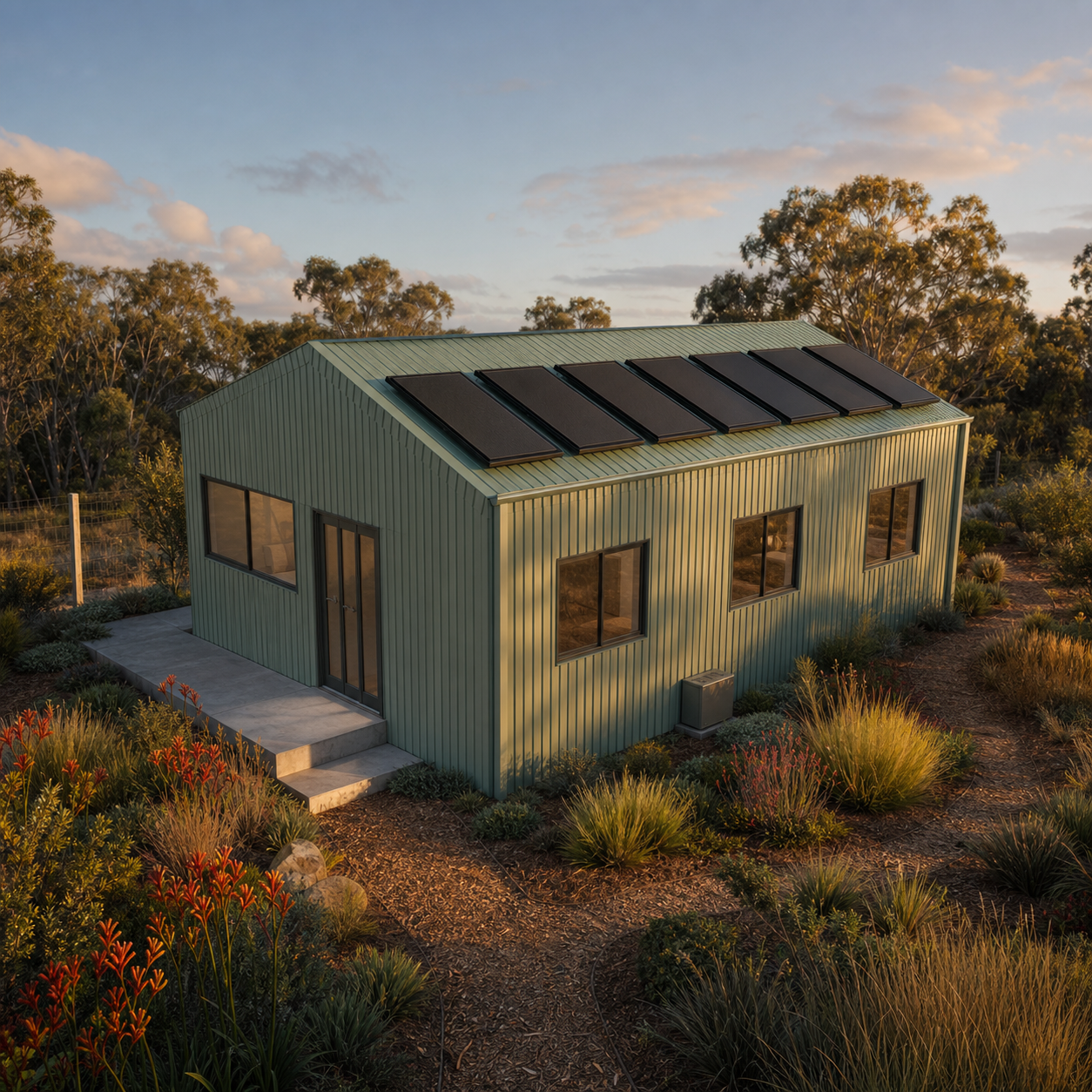 A modern tiny house with a green metal exterior and six solar panels on the roof, surrounded by desert plants and trees at sunset.