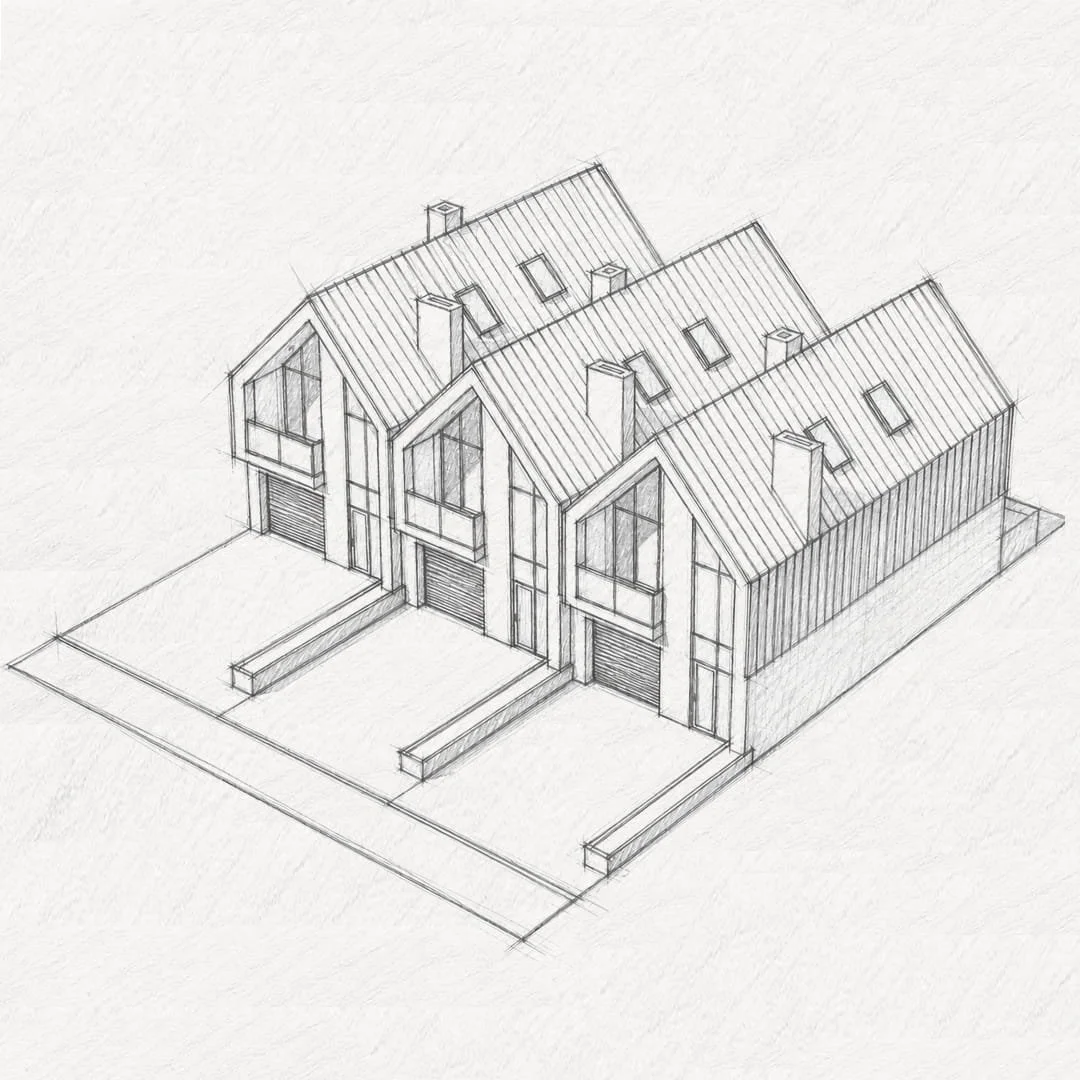 Sketch of three modern two-story townhouses with garages and small front steps.