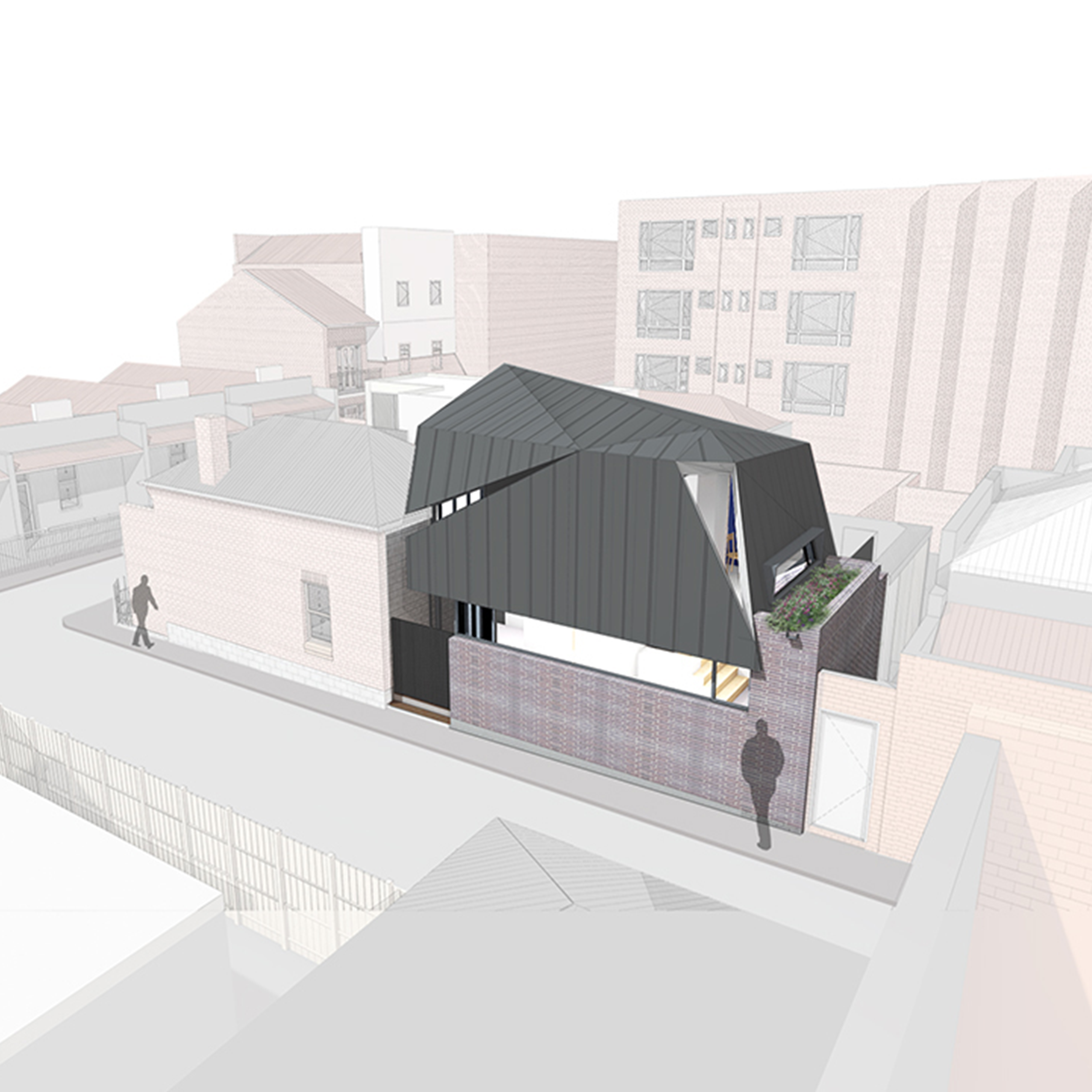 Render of a modern architectural design of a house with multiple levels, large windows, and a dark roof, set in an urban environment with other buildings visible in the background.