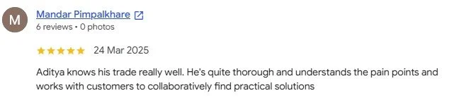 Screenshot of a Google review for Mandar Pimpalkhare, dated March 24, 2025, with a 5-star rating, mentioning Aditya's thorough trade knowledge and collaborative approach.