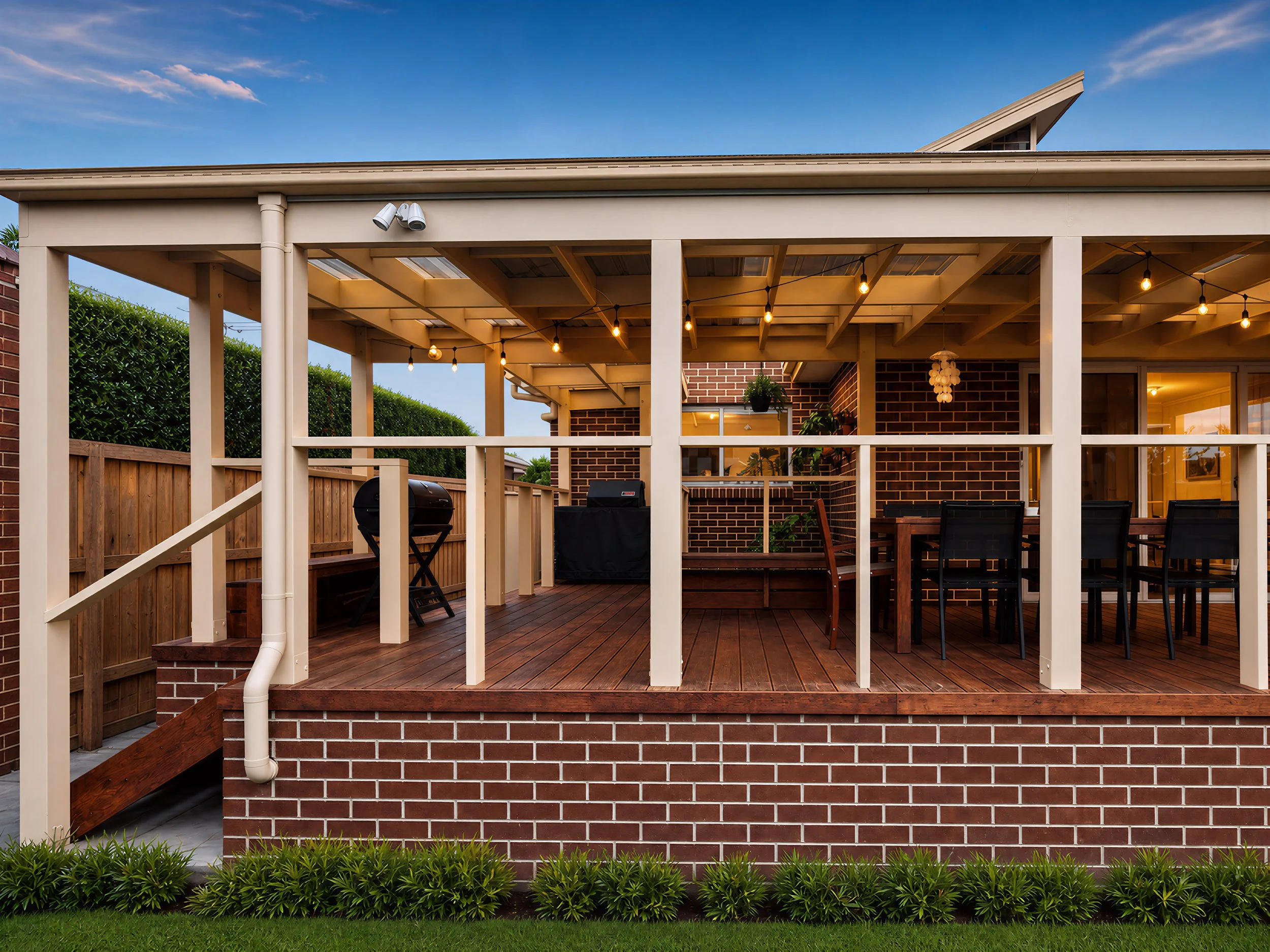 The image shows the backyard of a house with a wooden deck and a white pergola. String lights are hanging under the pergola. There are black chairs and a table, with a grill nearby. The house has brick walls and large glass doors. A planter with green plants is hanging on the house wall. The sky is partly cloudy with a blue hue.