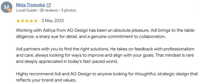 Screenshot of a positive customer review for Maja Trpevska about working with Aditya from AG Design, praising professionalism and strategic design.