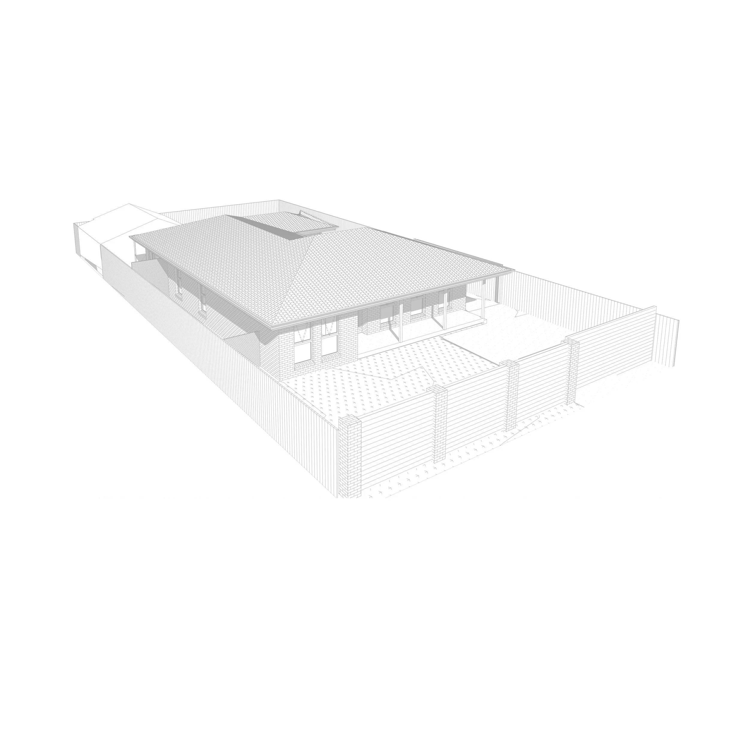 A detailed architectural line drawing of a modern house with a pitched roof, patio area, and surrounding fencing.