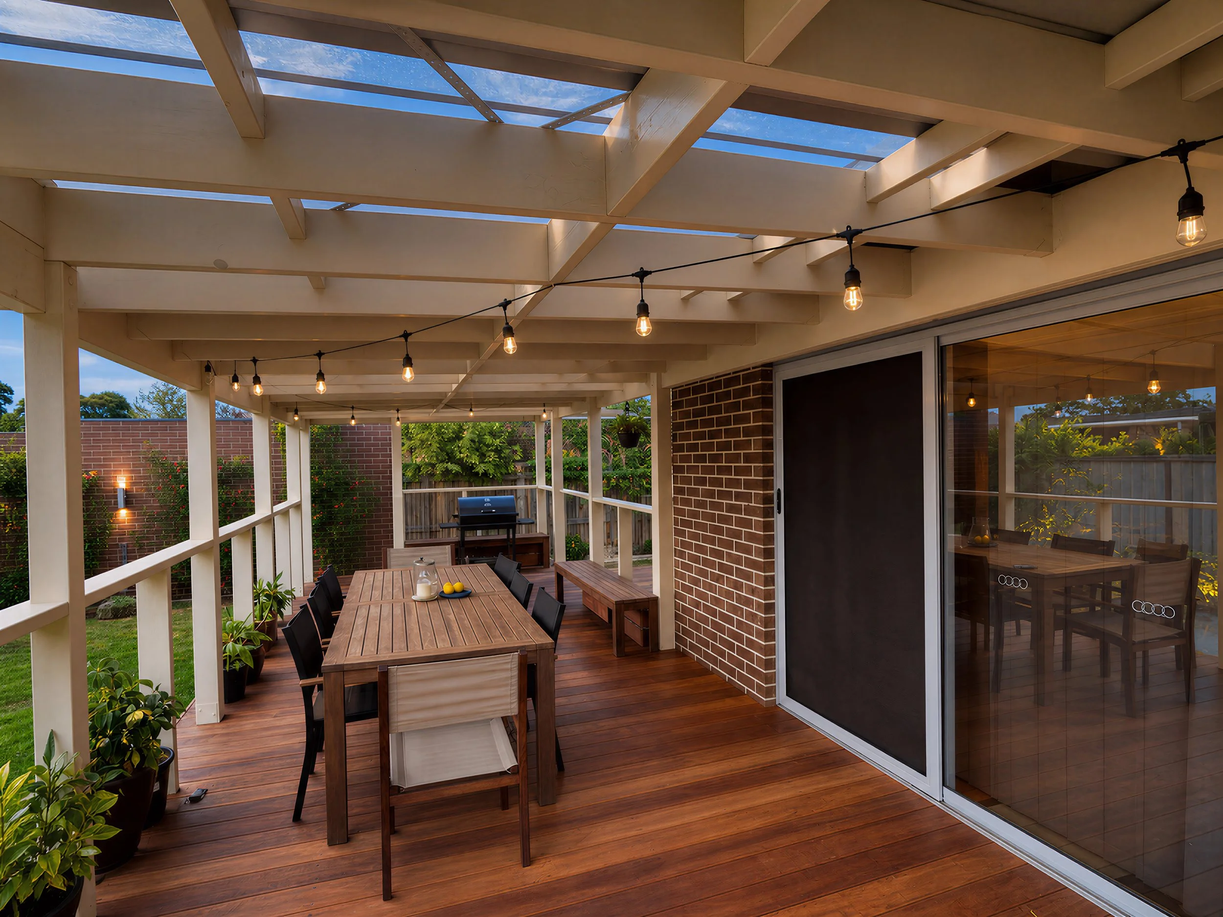 View of a backyard patio with a wooden dining table and chairs, string lights hanging above, potted plants, and a brick wall fence, with part of a house and trees visible in the background.