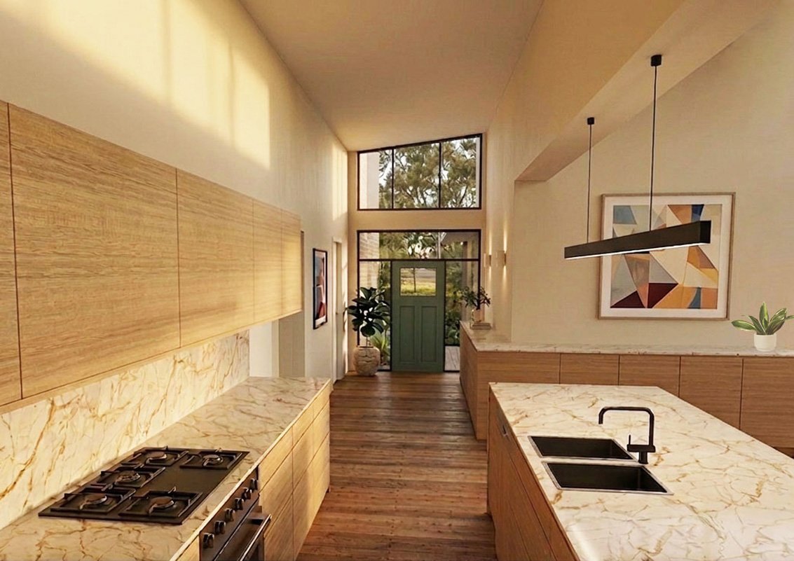 Modern kitchen with wooden cabinetry, marble countertops, a gas stove, double sink, and pendant lighting, leading to a front door with windows and greenery outside.