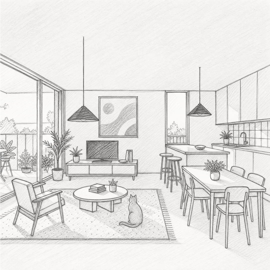 Sketch of a modern living room and dining area with large sliding glass doors leading to a balcony, indoor plants, a TV on a stand, a coffee table, a cat sitting on a rug, and a dining table with chairs.