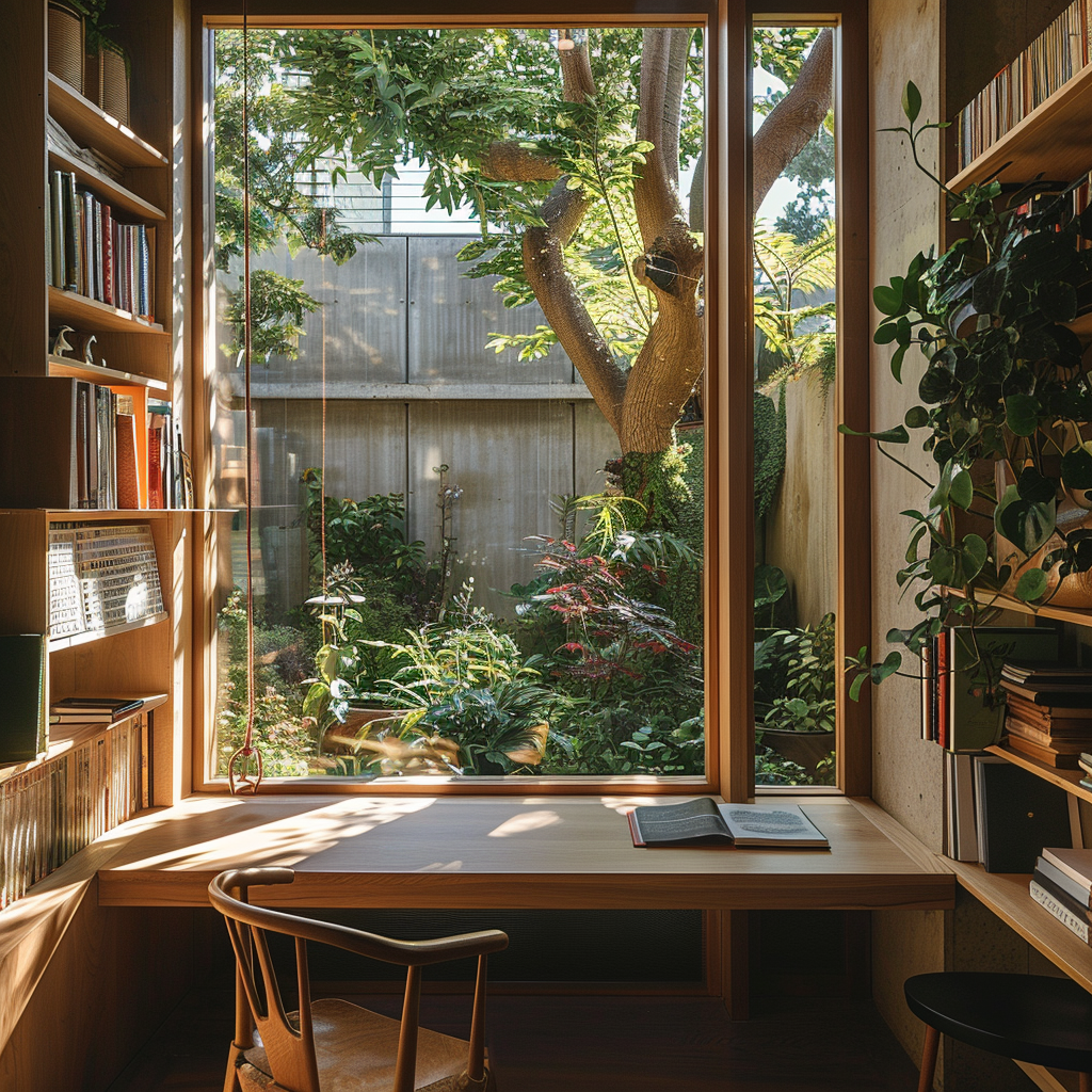 A cozy home office with a large window overlooking a lush garden with trees and plants. There is a wooden desk with an open book, a wooden chair, and bookshelves filled with books on both sides.